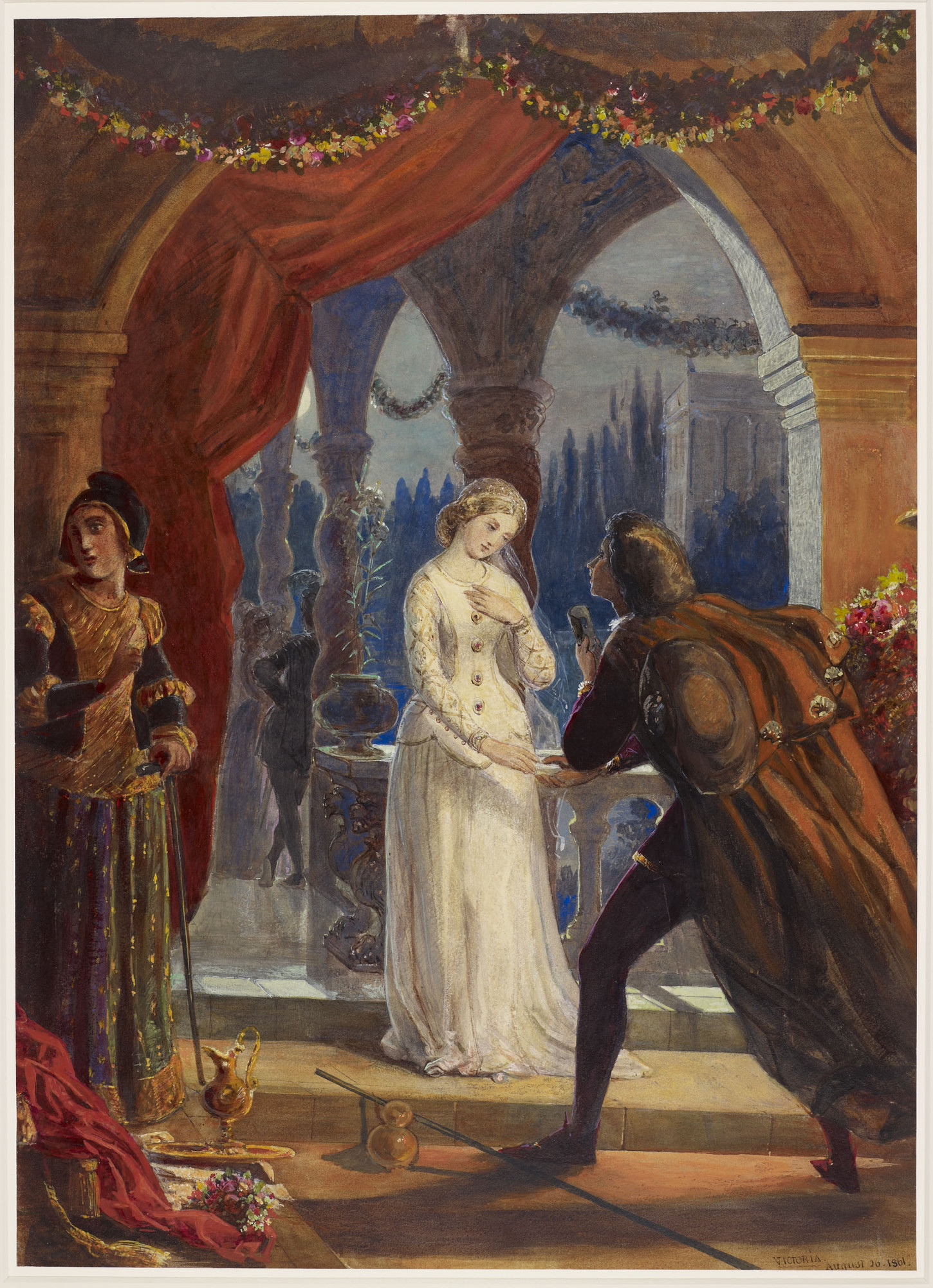 A watercolour showing the first meeting of Romeo and Juliet. Juliet is shown standing&nbsp;in the centre,&nbsp;full-length and facing right, beneath an arch. Romeo is standing in front of her, reaching out to take her hand. His hat is falling off and he h