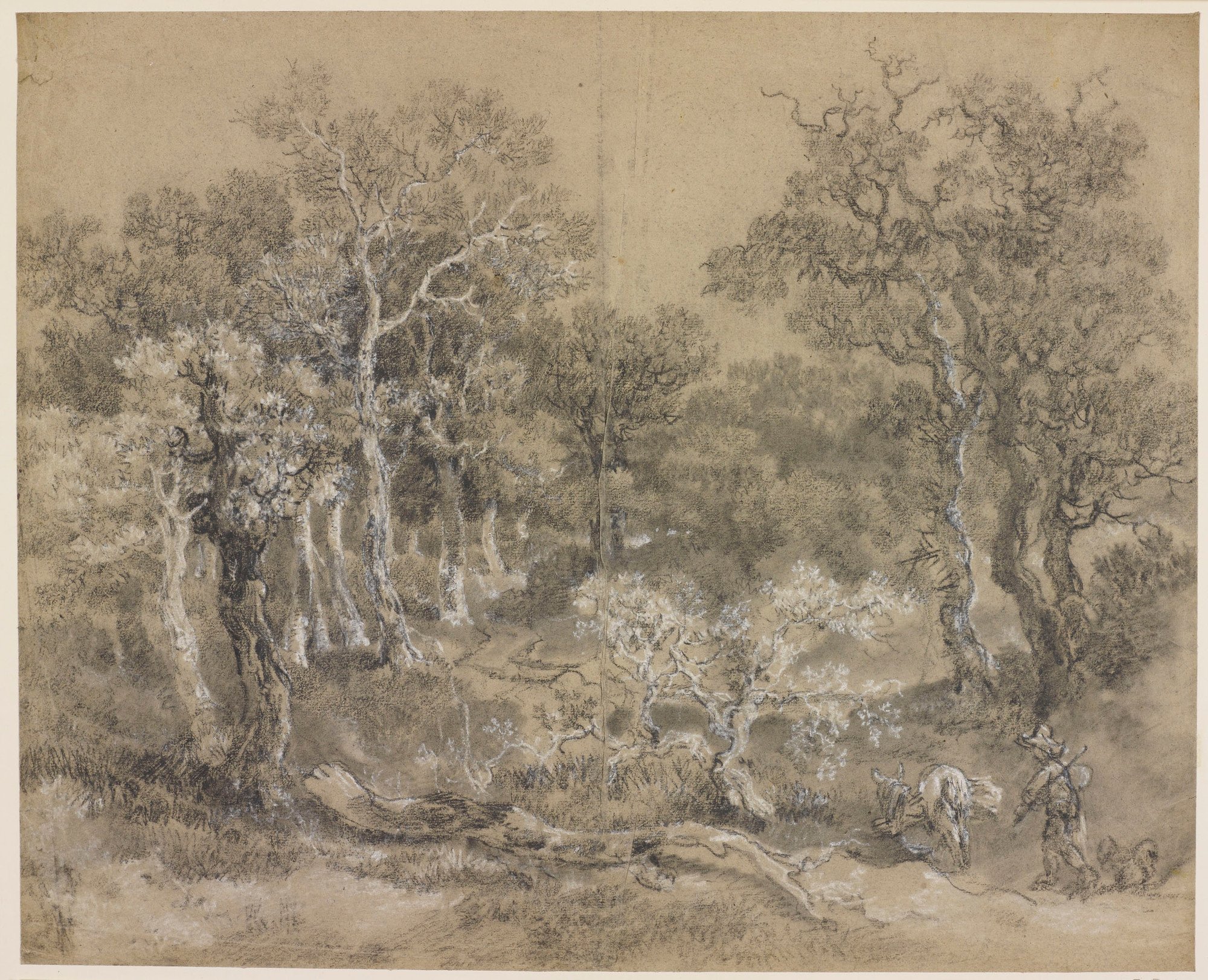 A drawing in black and white chalk and stump of a wooded landscape. A boy with donkey and dog to foreground right. Drying fold at the centre of the sheet.