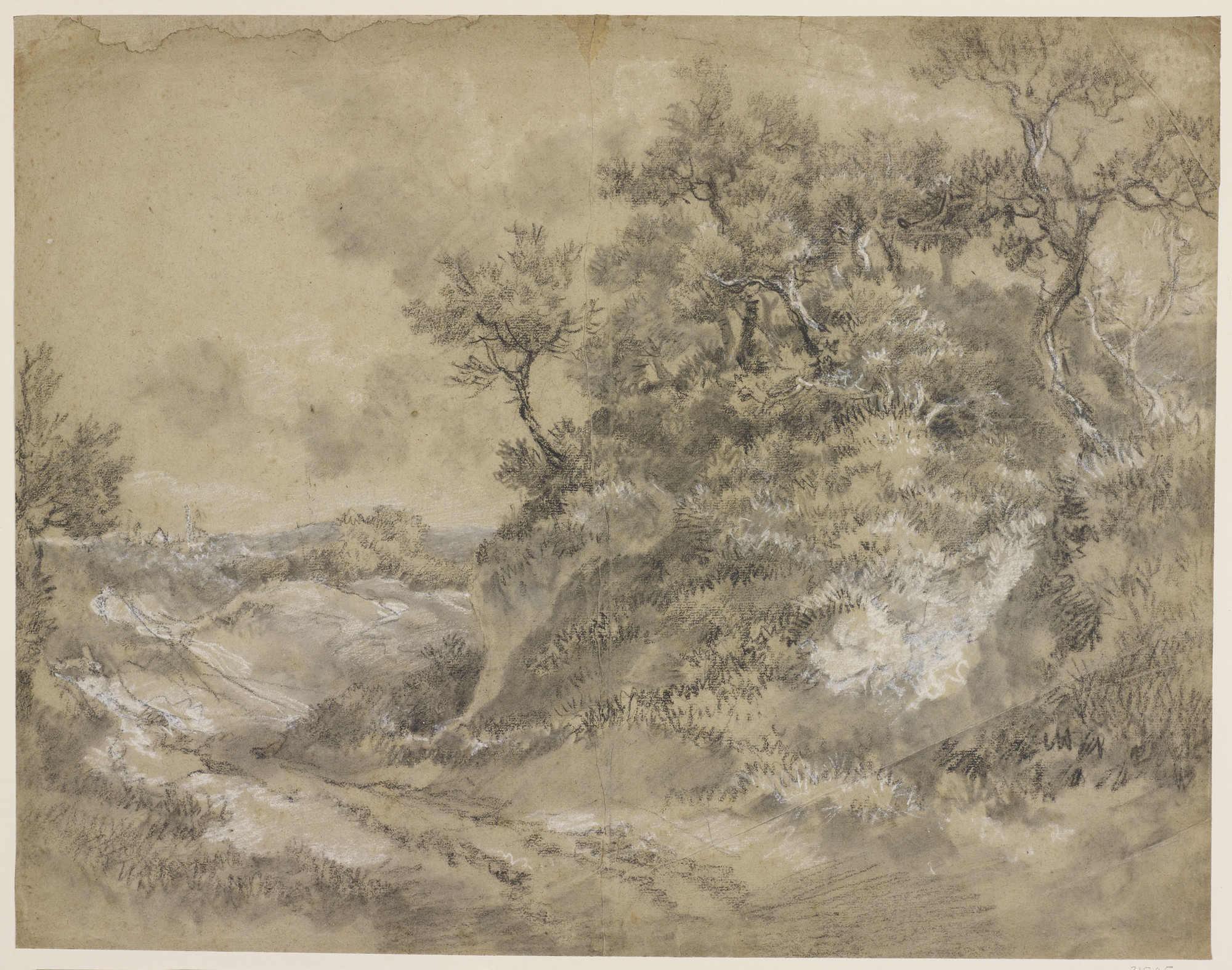 A&nbsp;drawing&nbsp;in black and white chalk and stump of&nbsp; a wooded path&nbsp;with moorland to the distance. Drying fold at centre of sheet. The drawing possibly relates to a painting formerly in the collection of William Garnett bought by L. Miller 