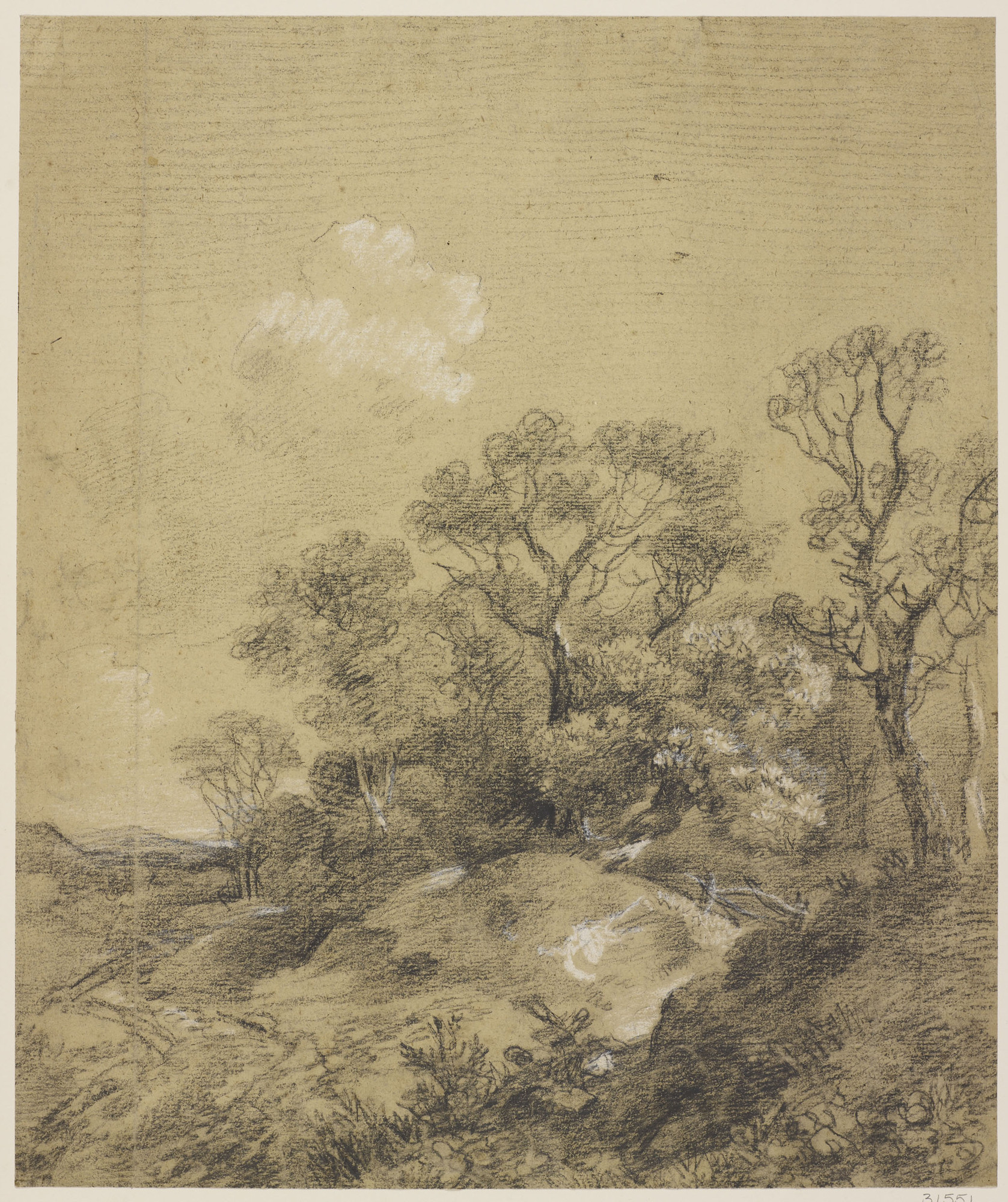 A&nbsp;black and white chalk drawing of a landscape&nbsp;with hillock in the middle ground centre, topped with trees. Path to left. Paper is French and watermarked 1748 (date altered on mould from 1742).