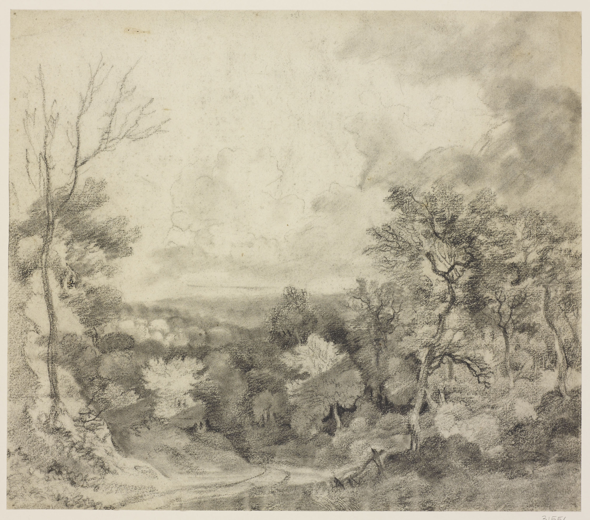 A&nbsp;drawing in black chalk and stump&nbsp;showing trees lining a road&nbsp;descending from the foreground left. The drawing possibly relates to a painting&nbsp;formerly in the collection of&nbsp;William Beckford&nbsp;and sold at Christie's, 25 March 19