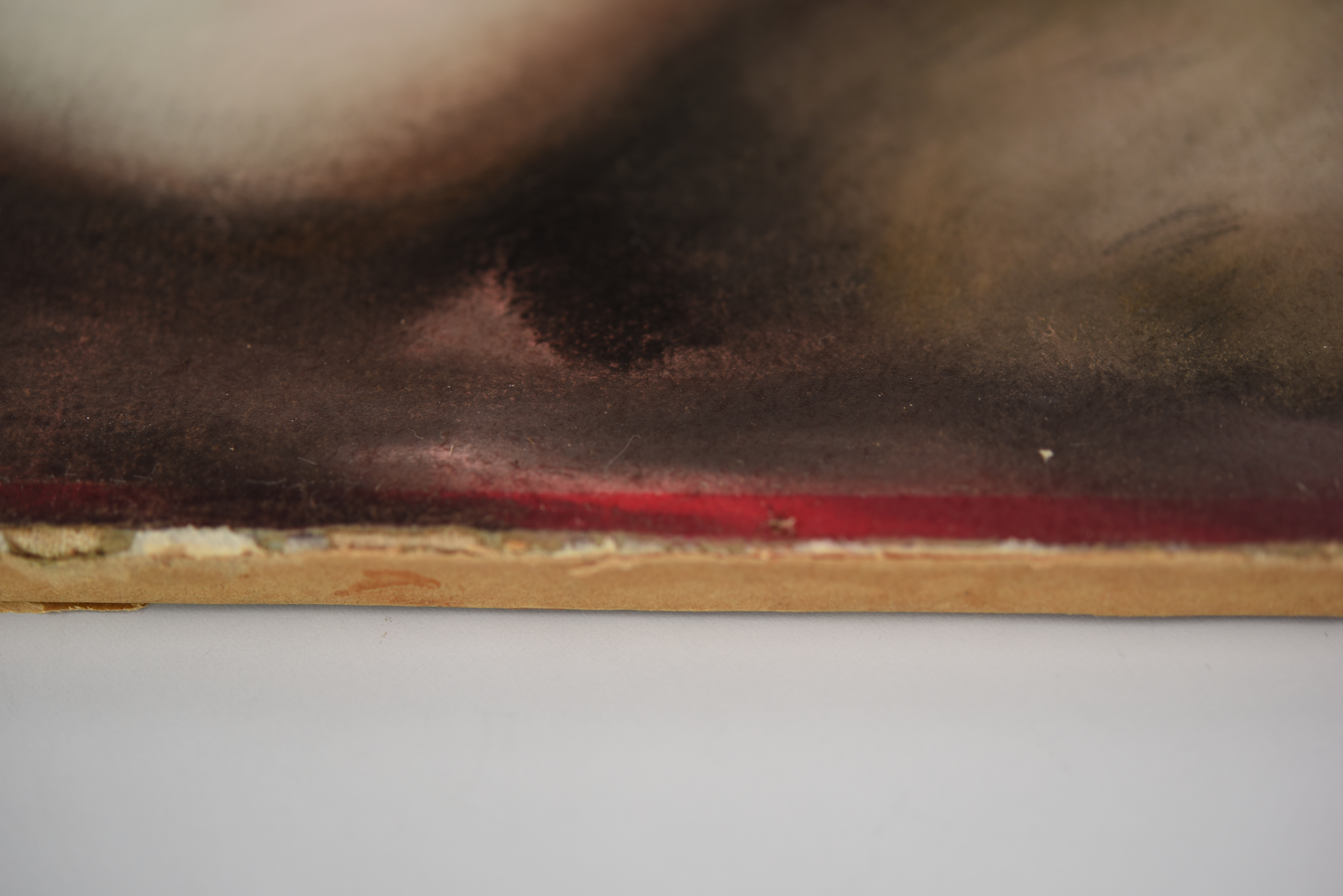Detail of the strips of the original fuchsia colour along the bottom edge of the pastel