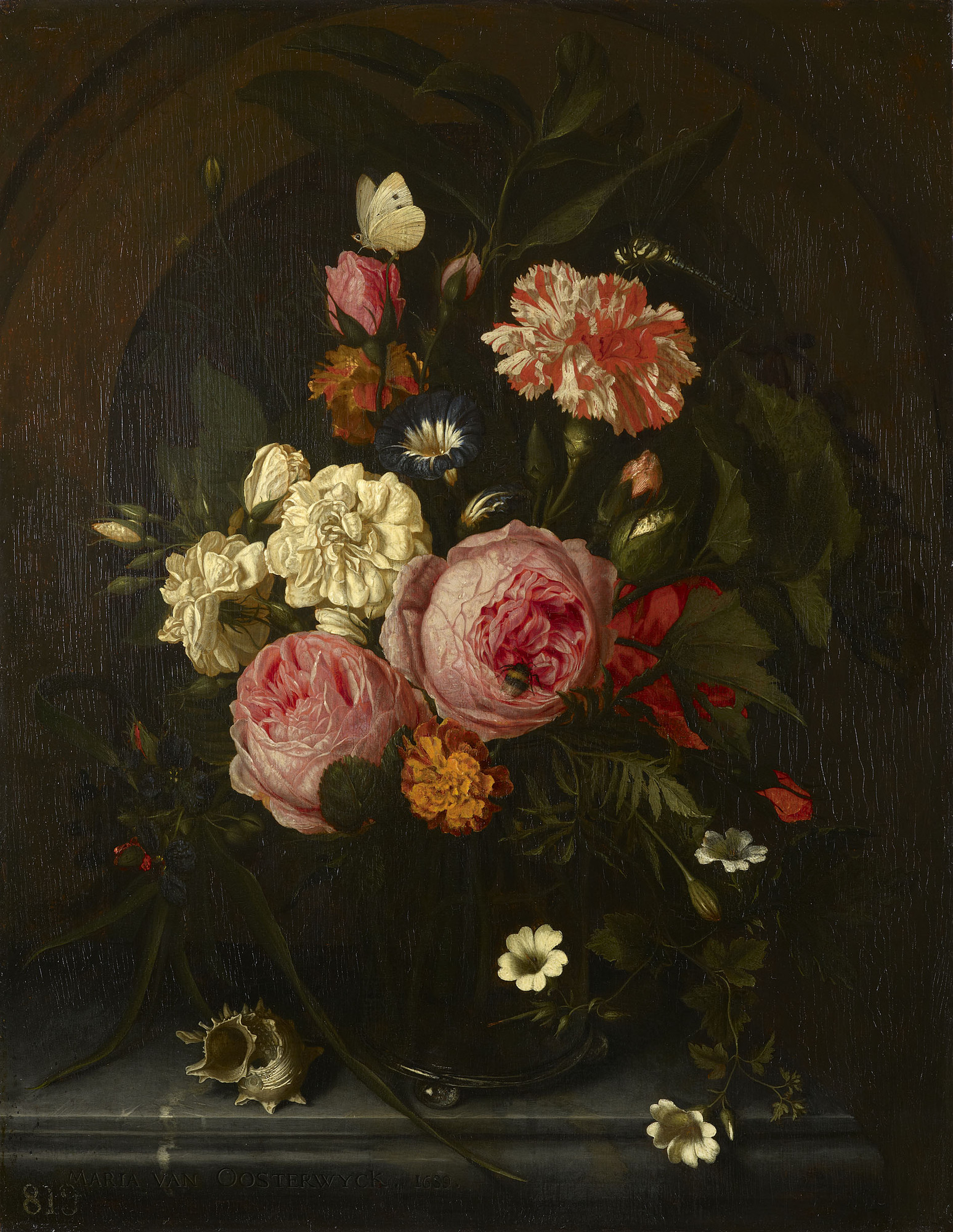 Still Life with Flowers, Insects and a Shell In this painting by Oosterwyck the glass vase rests on the ledge of a niche. Various kinds of rose are identifiable, as are a carnation, a convolvulus, a ranunculus and a marigold. A bee, a butterfly and a dragonfly have settled on the flowers. A shell is