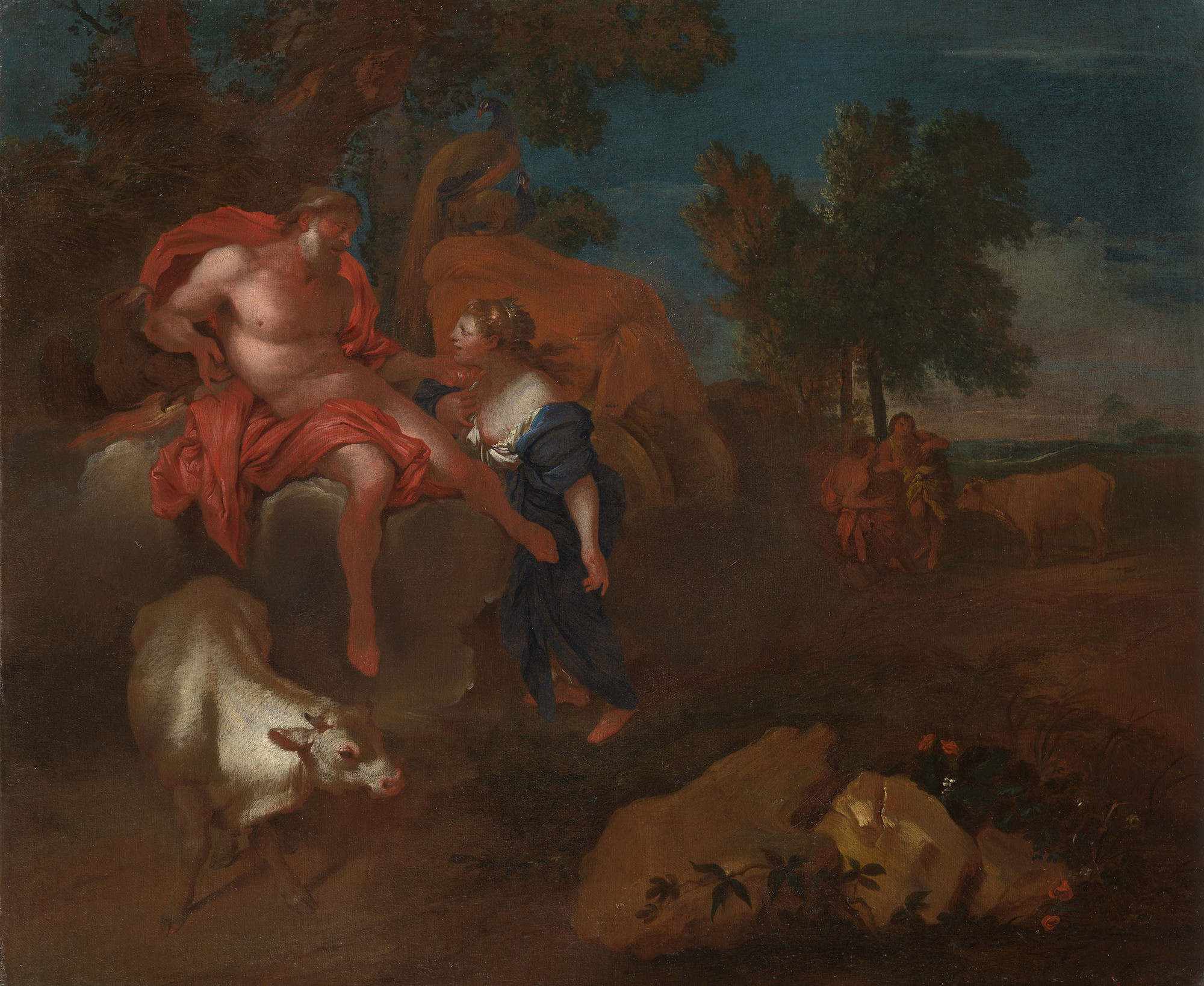 Juno Seeking from Jupiter the Gift of Io Transformed In this myth from Ovid's Metamorphoses (Book 1: 588-663) the god Jupiter seduced Io, the daughter of the King of Argos, in the form of a cloud. Suspecting his infidelity, his wife Juno descended to earth in her chariot drawn by peacocks. In an attemp