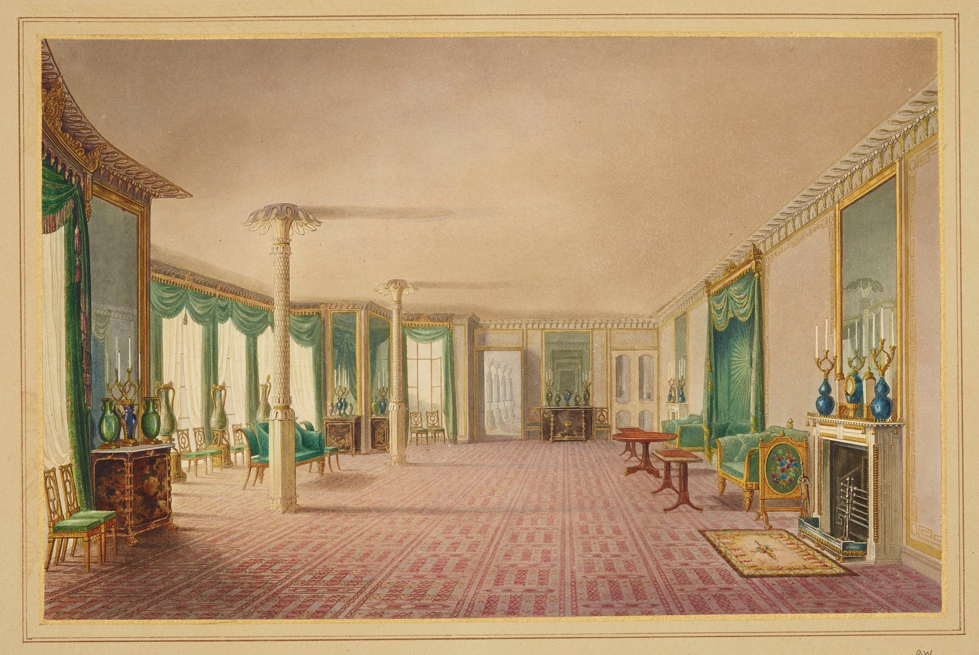 <p>Pavilion, Banqueting Room Gallery.</p> A hand coloured print depicting a view of the banqueting room gallery in the Royal Pavilion, Brighton. For an earlier state see RCIN 708000.an. Plate 19 of the reissue of Nash's original publication of illustrations of the exterio