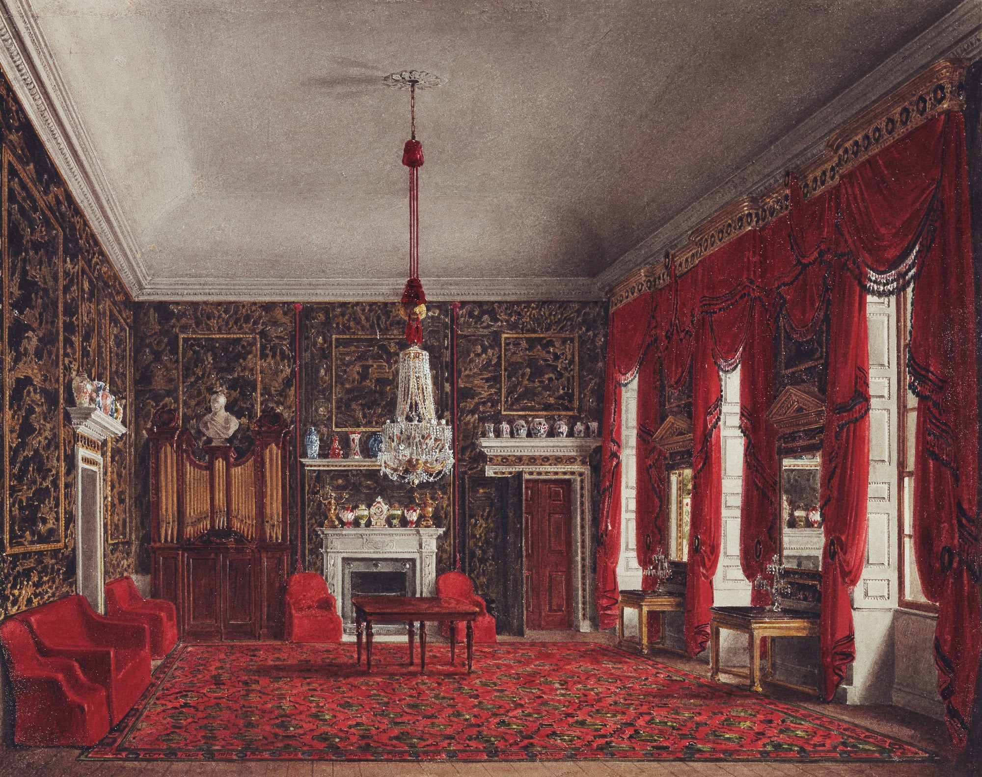 Buckingham House: The Queen’s Breakfast Room This west-facing room was immediately to the south of the Crimson Drawing Room. The door at the left led into the staircase hall while that to the right of the chimneypiece led to a small private staircase connecting to the King's Closet and Bedroom on th