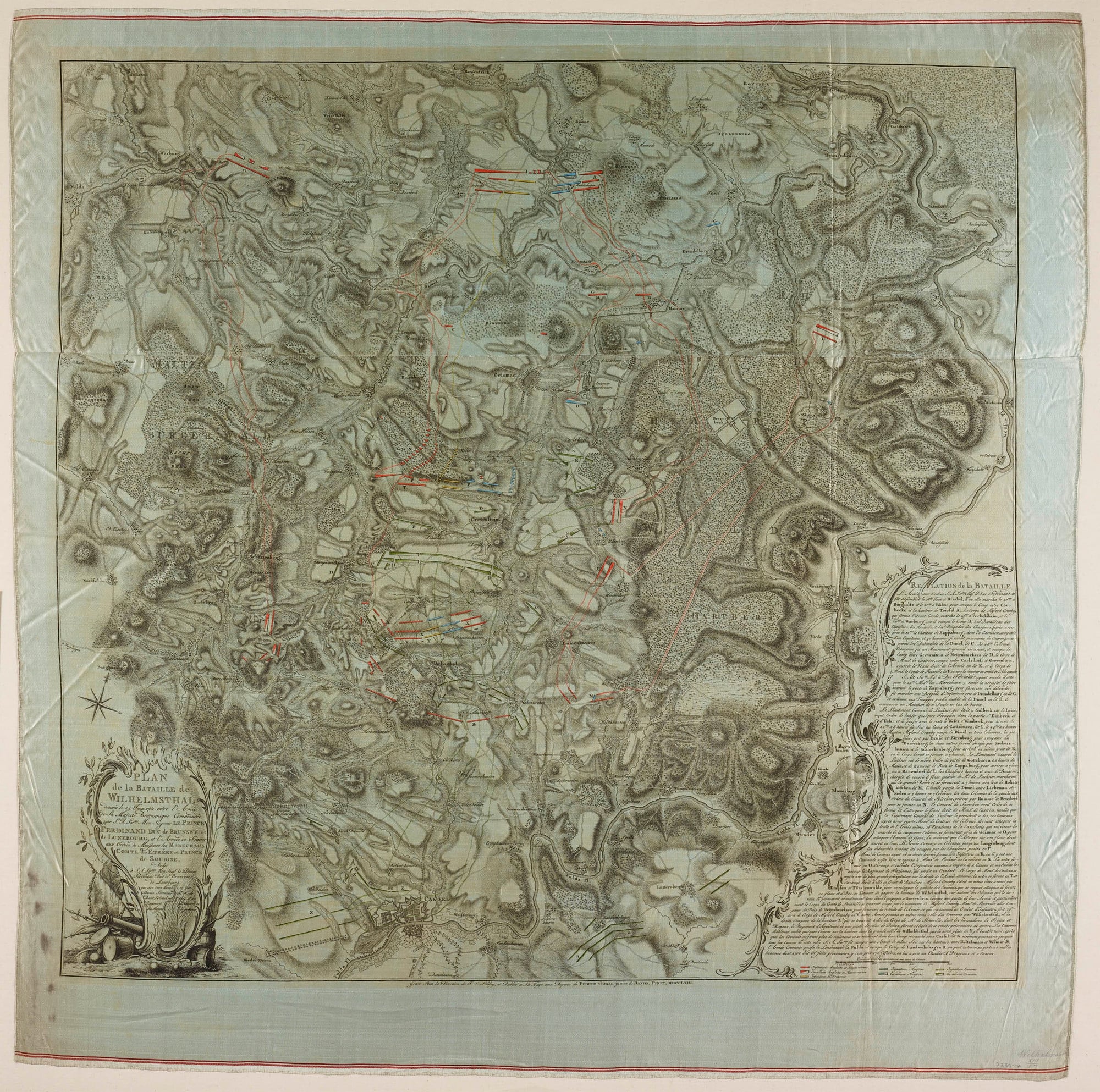 Map of the Battle of Wilhelmsthal, 1762 (Wilhelmsthal, Hesse, Germany) 51°24'00"N 09°25'00"E A map, printed on silk, of the Battle of Wilhelmsthal, fought on 24 June 1762 between the Allied army (British, Prussian, Hessian and Brunswickian troops) under the command of Field Marshal Duke Ferdinand of Brunswick, Prince of Brunswick-Lüneburg (1