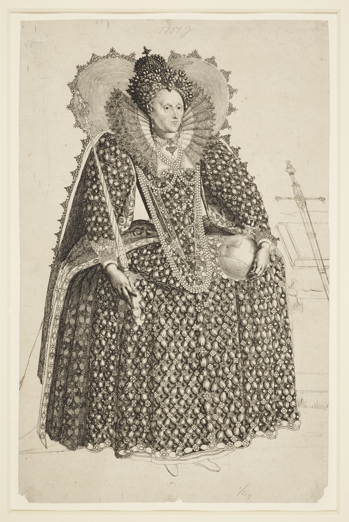Engraving with etching and drypoint of Elizabeth I, Queen of England. Whole length with curled hair with pearl ropes, crown, open ruff, pearl necklace, embroidered gown, and jewelled bodice. Standing, holding orb in left hand and sceptre in right, with a 