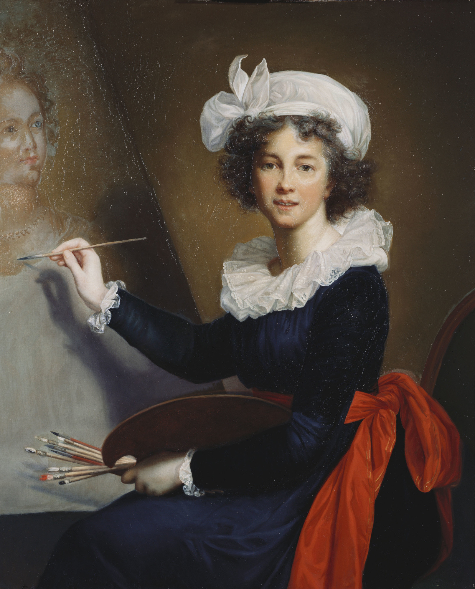This is a copy of Elisabeth Vig&eacute;e Le Brun&rsquo;s self-portrait, commissioned in 1789 (while she was in Florence), for the collection of artists&rsquo; self-portraits in the Galleria degli Uffizi. The improvised white turban partially covering her 