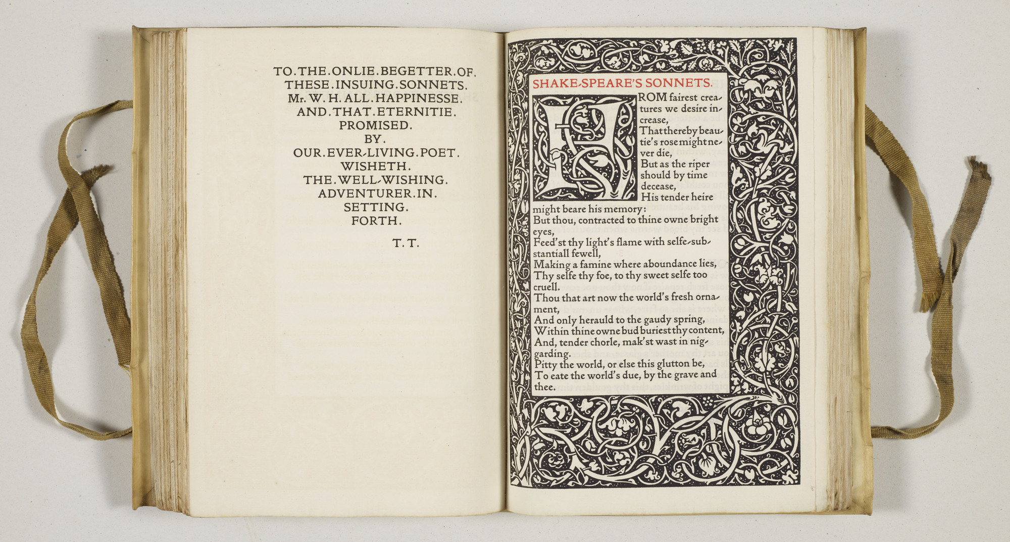 Amongst the more modern holdings of Shakespeare&rsquo;s works in the Royal Library is this Kelmscott Press edition of the poems and sonnets. The Kelmscott Press, run by the arts-and-crafts designer William Morris (1834&ndash;96), aimed to produce printed 