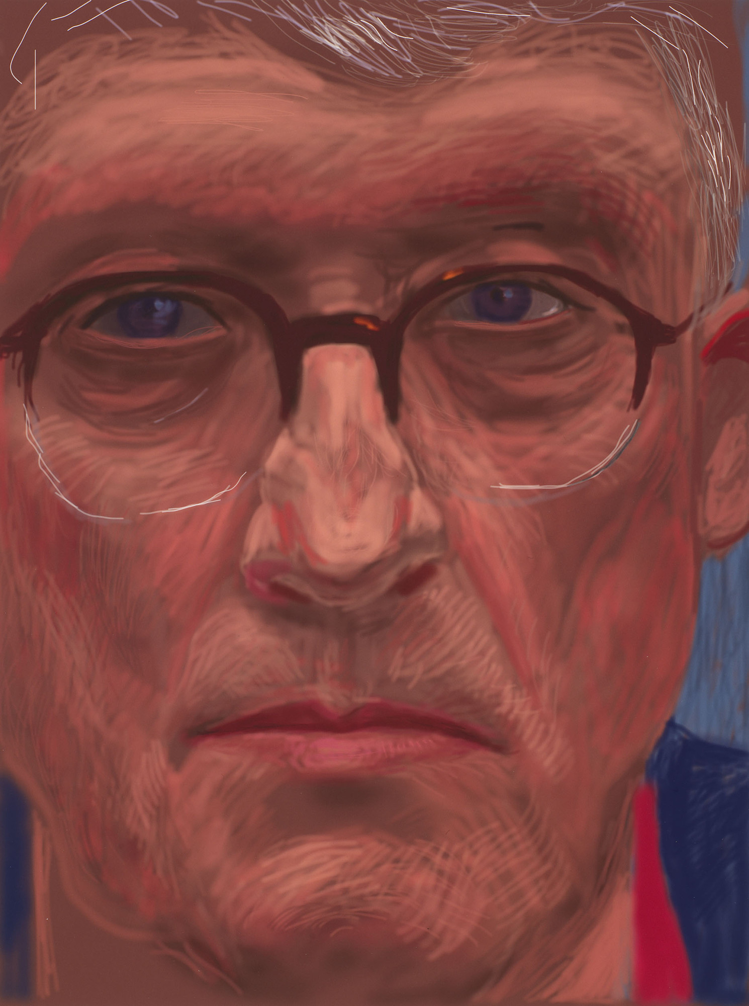 A self-portrait of David Hockney; full face, wearing glasses; signed, lower right. 
David Hockney was appointed to the Order of Merit in 2012 and four months later executed this iPad drawing (in a unique print) for the Order of Merit portrait series in th