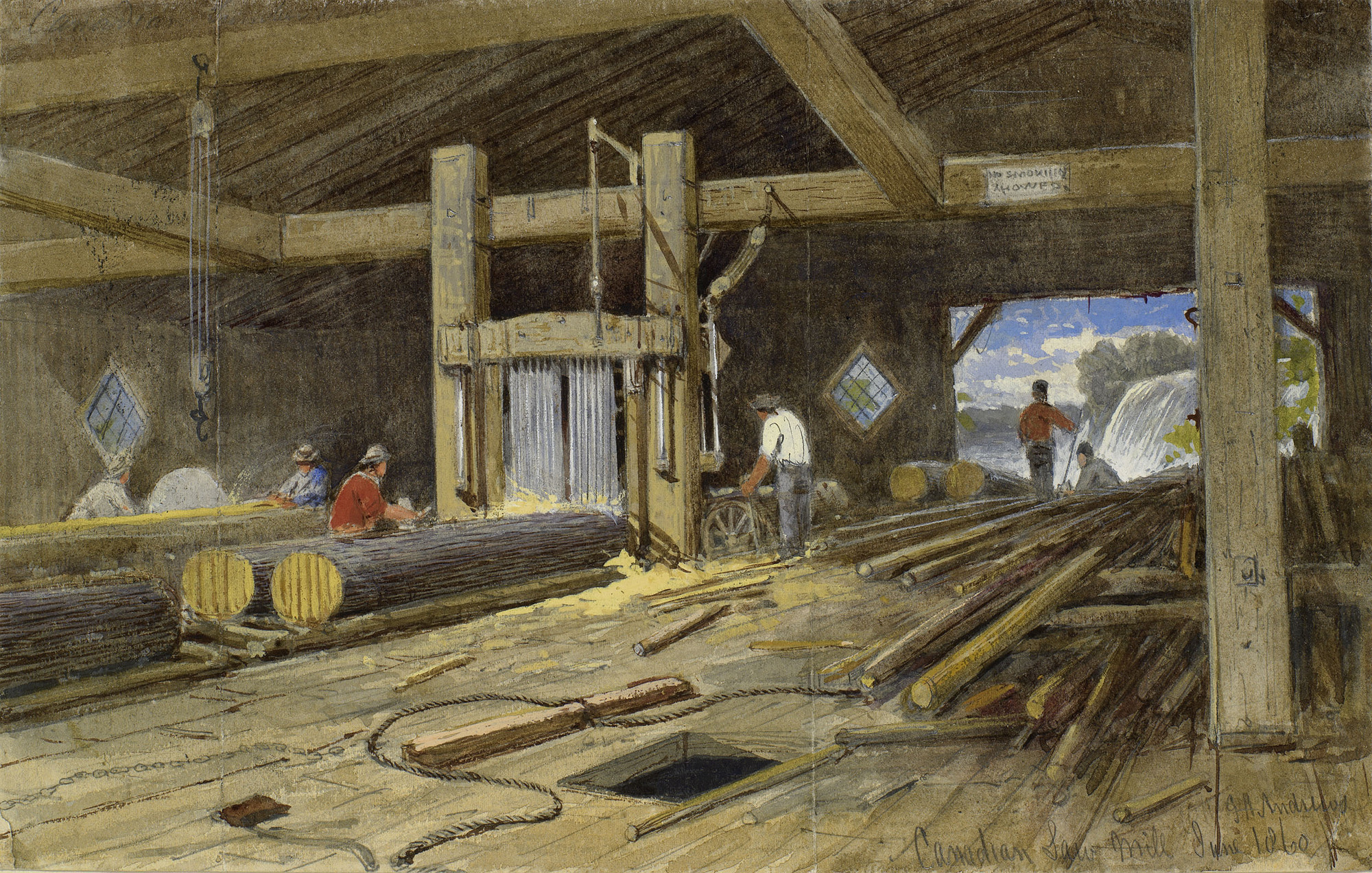 Interior of a Canadian saw-mill DM 67: A rare illustration of a reciprocating saw-mill. Several men at work; the river visible through an opening; a 'No Smoking Allowed' sign on one of the timbers. Signed, dated and inscribed. Repaired lower left.