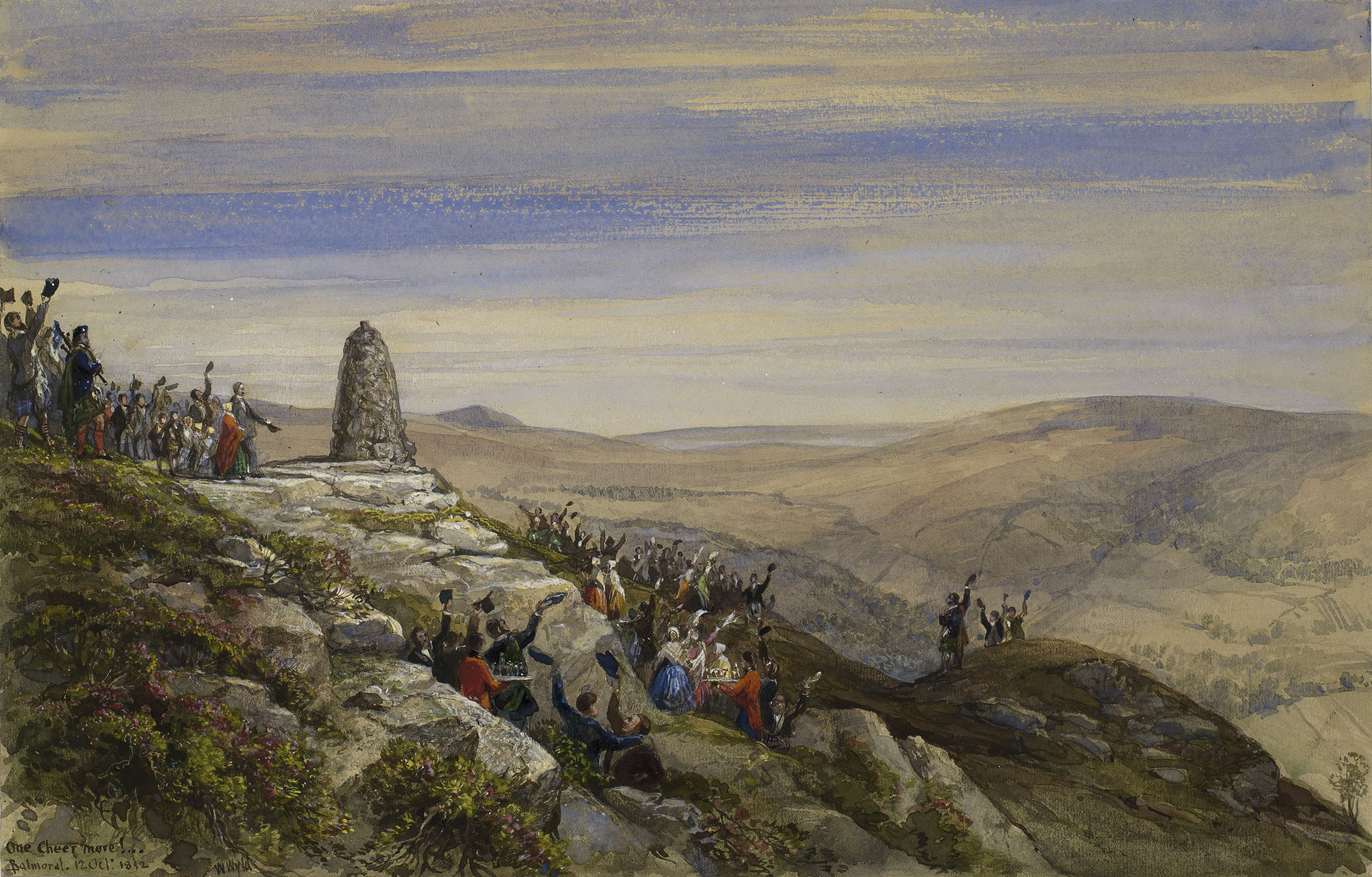 The completion of the cairn on Craigowan A watercolour depicting the completion of a cairn built to mark Victoria and Albert's acquisition of Balmoral,bsurrounded by people cheering and with servants serving refreshments. Signed, dated and inscribed at bottom: 'One Cheer more! Balmoral. 12 Oct.
