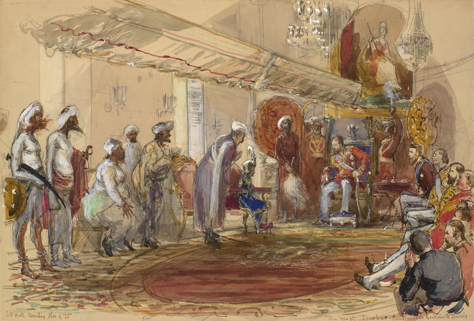 DM 2428: the Prince, enthroned beneath a portrait of the Queen, recieves the young Gaekwar, seated on his right. Signed, dated and inscribed.