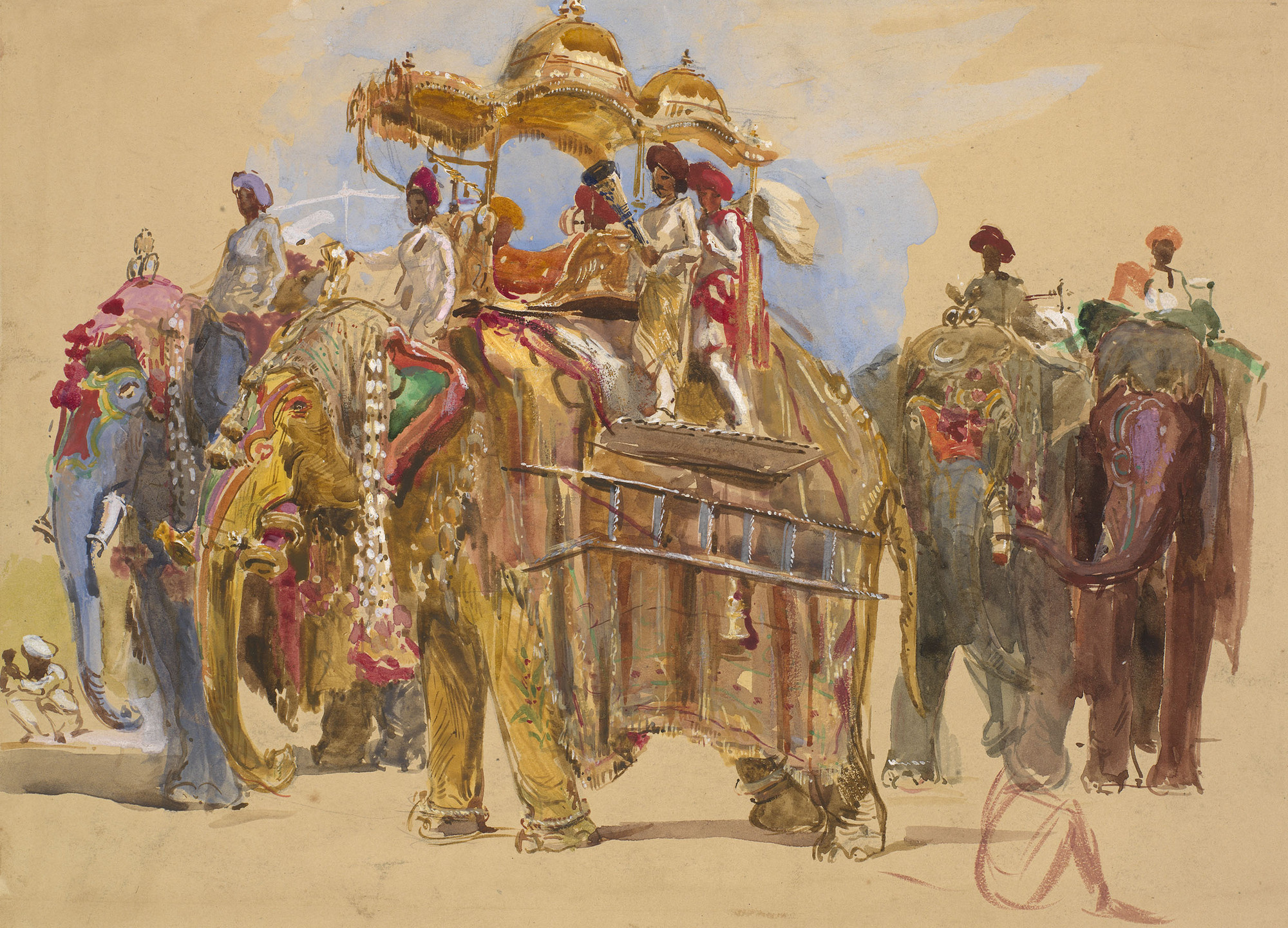 A watercolour depicting a procession of elephants, one of which has a howdah (seat) on its back, seen by Albert Edward, Prince of Wales, on his visit to Baroda&nbsp; (present-day Vadodara) at the invitation of Sayaji Rao III, Gaekwar of Baroda, on 19 Nove