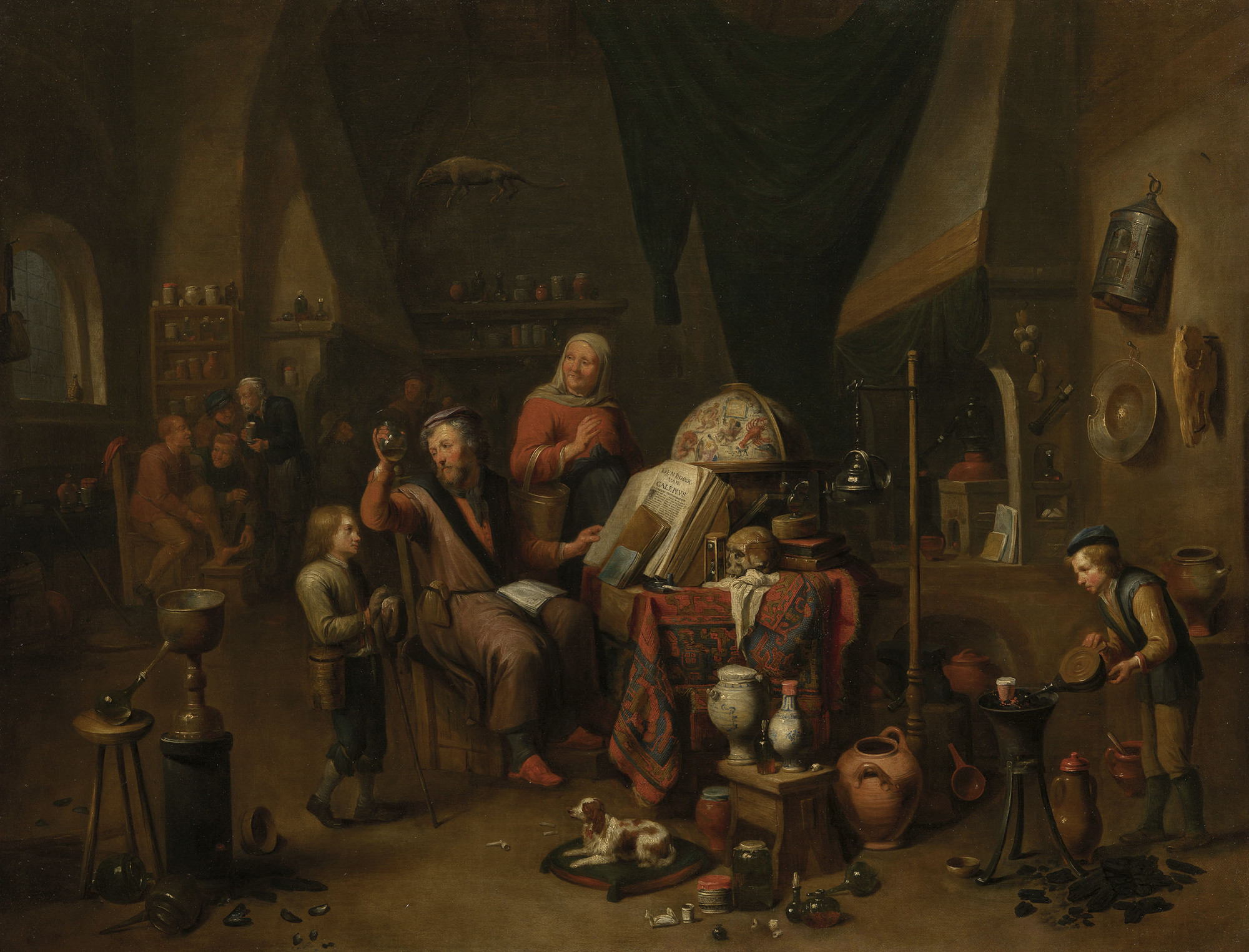 This is one of a pair of paintings (see CWLF 127, 406900) depicting a collector surrounded by his possessions and an physician in his laboratory. Both works consciously perpetuate the tradition of David Teniers, who specialised in alchemists and collector