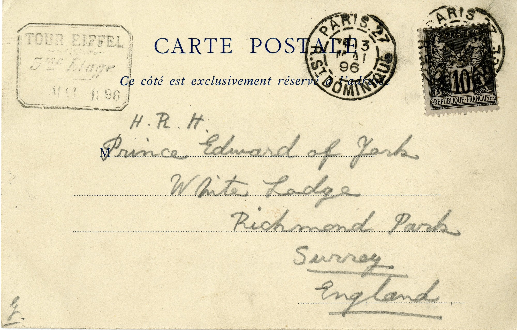 Postcard of Paris Postcard of Paris, showing the Eiffel Tower. The card was sent to Prince Edward of York, later King Edward VIII, by his parents the Duke and Duchess of York, later King George V and Queen Mary. The Prince was not even two years old at the time. The m