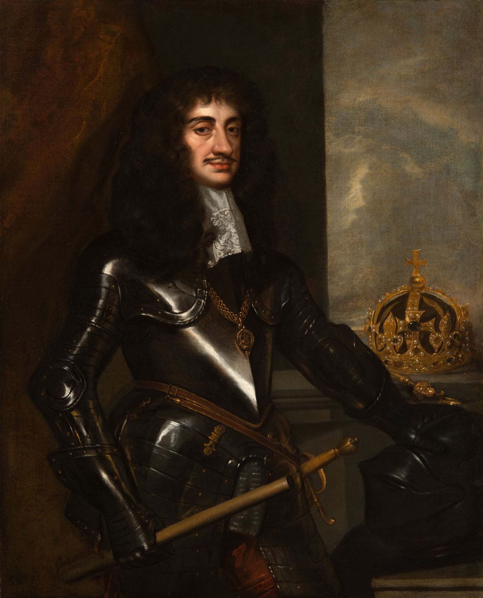 Sir Peter Lely, Charles II (RCIN 401223) Three-quarter-length portrait of Charles II (1630-85), standing in armour, wearing the chain of the Garter, holding a baton in his right hand, and resting his left hand on a helmet below the crown and sceptre. The canvas appears to have been left unfinish