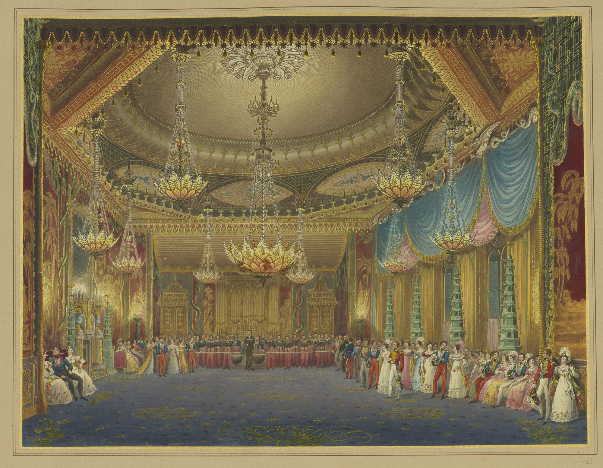<p>Pavilion, Music Room.</p> A hand coloured print depicting a view of the music room in the Royal Pavilion, Brighton. For an earlier state see RCIN 708000.ah. Plate 16 of the reissue of Nash's original publication of illustrations of the exterior and interio
