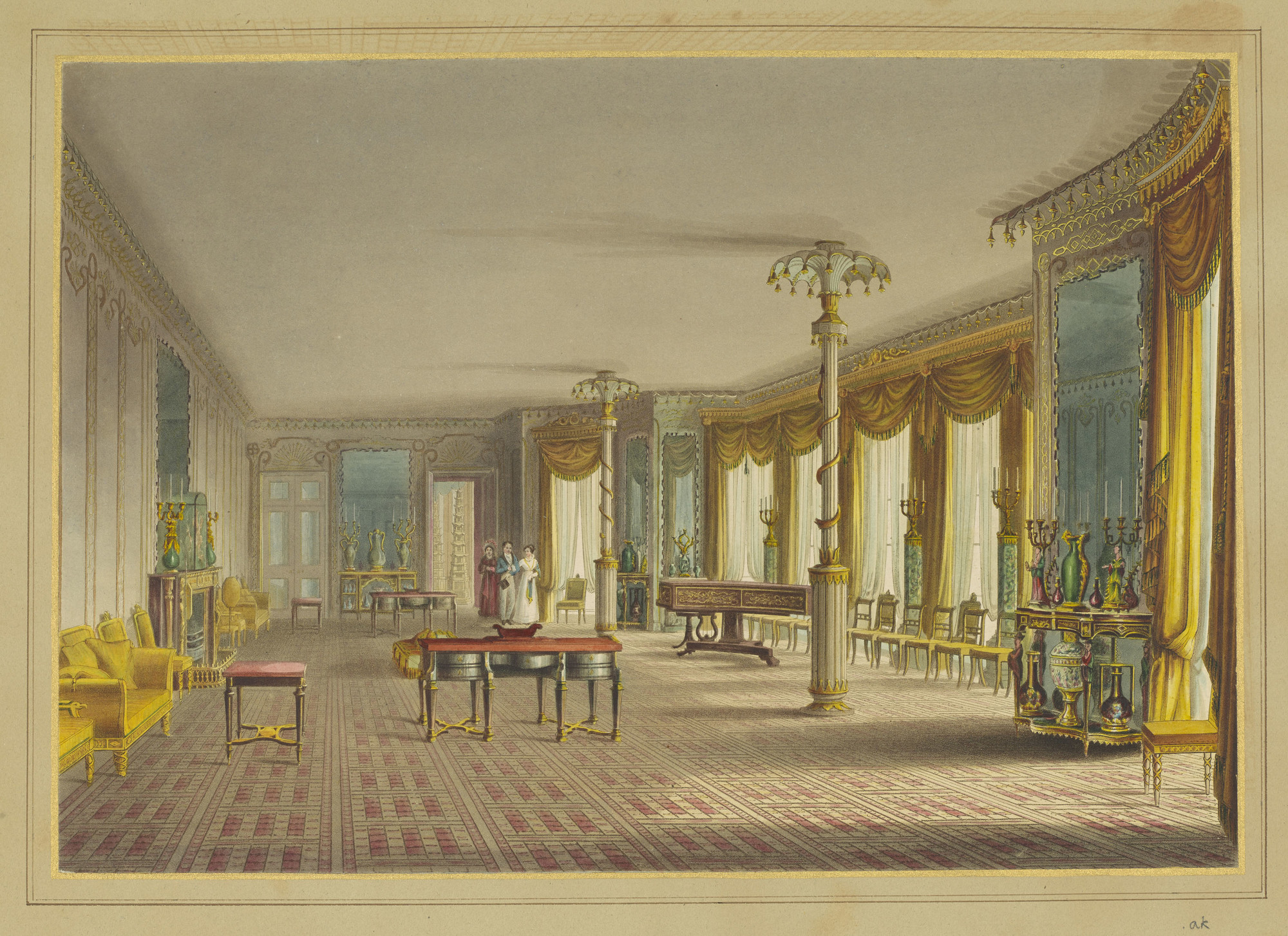 <p>Pavilion: Music Gallery.</p> A hand coloured print depicting a view of the music gallery in the Royal Pavilion, Brighton. For an earlier state see RCIN 708000.aj. Plate 17 of the reissue of Nash's original publication of illustrations of the exterior and inte