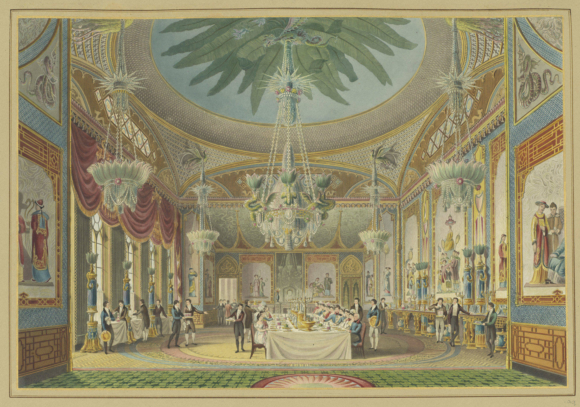 <p>Pavilion: Banqueting Room</p> A hand coloured print depicting a view of the banqueting room in the Royal Pavilion, Brighton. For an earlier state see RCIN 708000.ap. Plate 20 of the reissue of Nash's original publication of illustrations of the exterior a