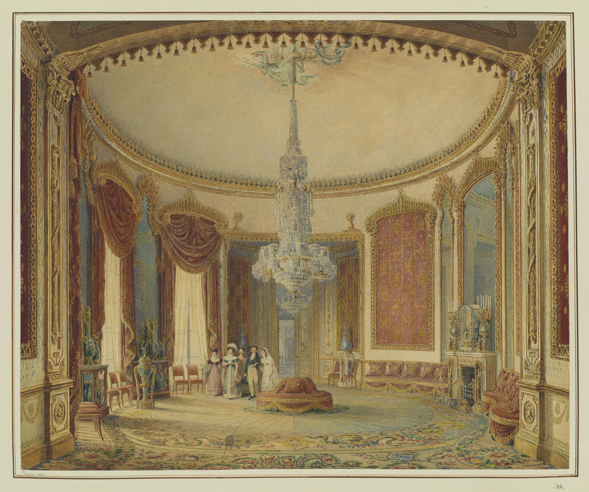 Brighton Pavilion, Saloon. Faintly etched outline, heavily overpainted in watercolour. Shows detailed interior view of the Saloon of Brighton Pavilion, with five figures in the middle ground centre.