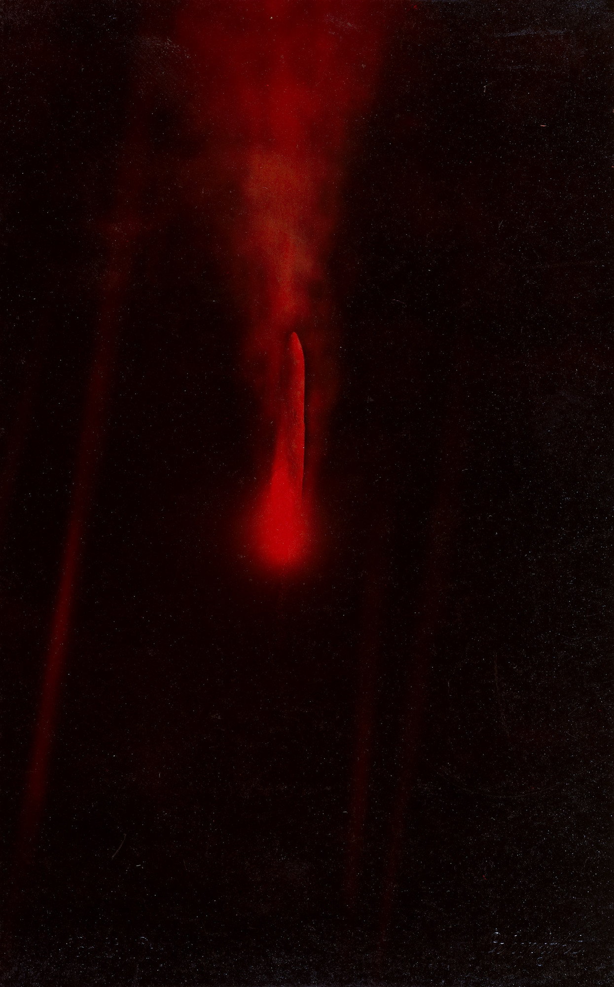 SL11 descending to the ground after being shot down Photograph of a Schütte-Lanz (SL-11) descending to the ground after being shot down over Hertfordshire. A large plume of smoke extends from the falling Schütte-Lanz. Searchlight beams extend up towards the airship. The photograph is tinted red.