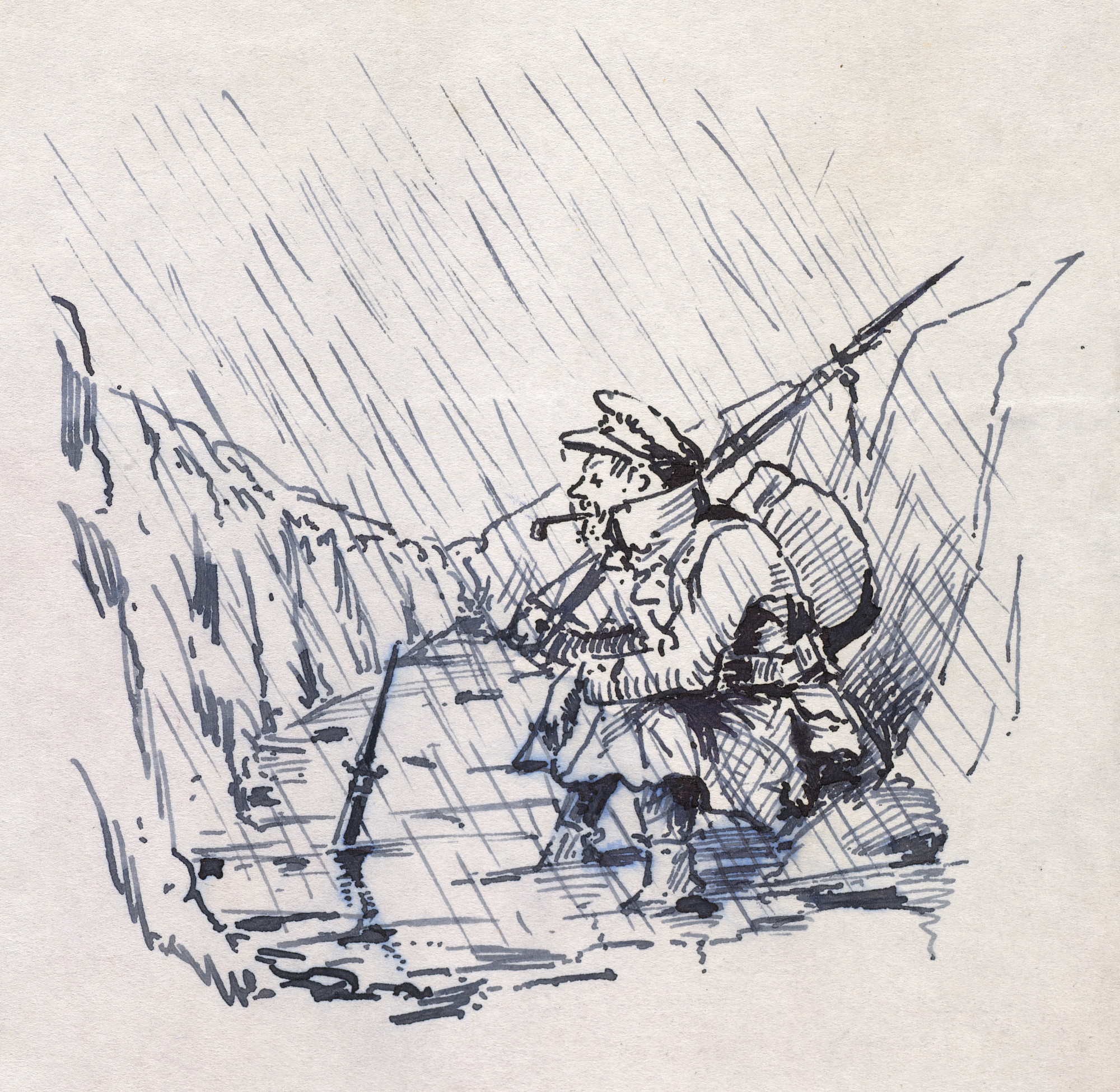 A soldier seated in trench during a storm A drawing depicting a soldier seated in a trench during a storm. The soldier, captured in profile facing left, smokes a pipe. He wears a great coat and a cap. The trench is beginning to fill up with water owing to the heavy rains.