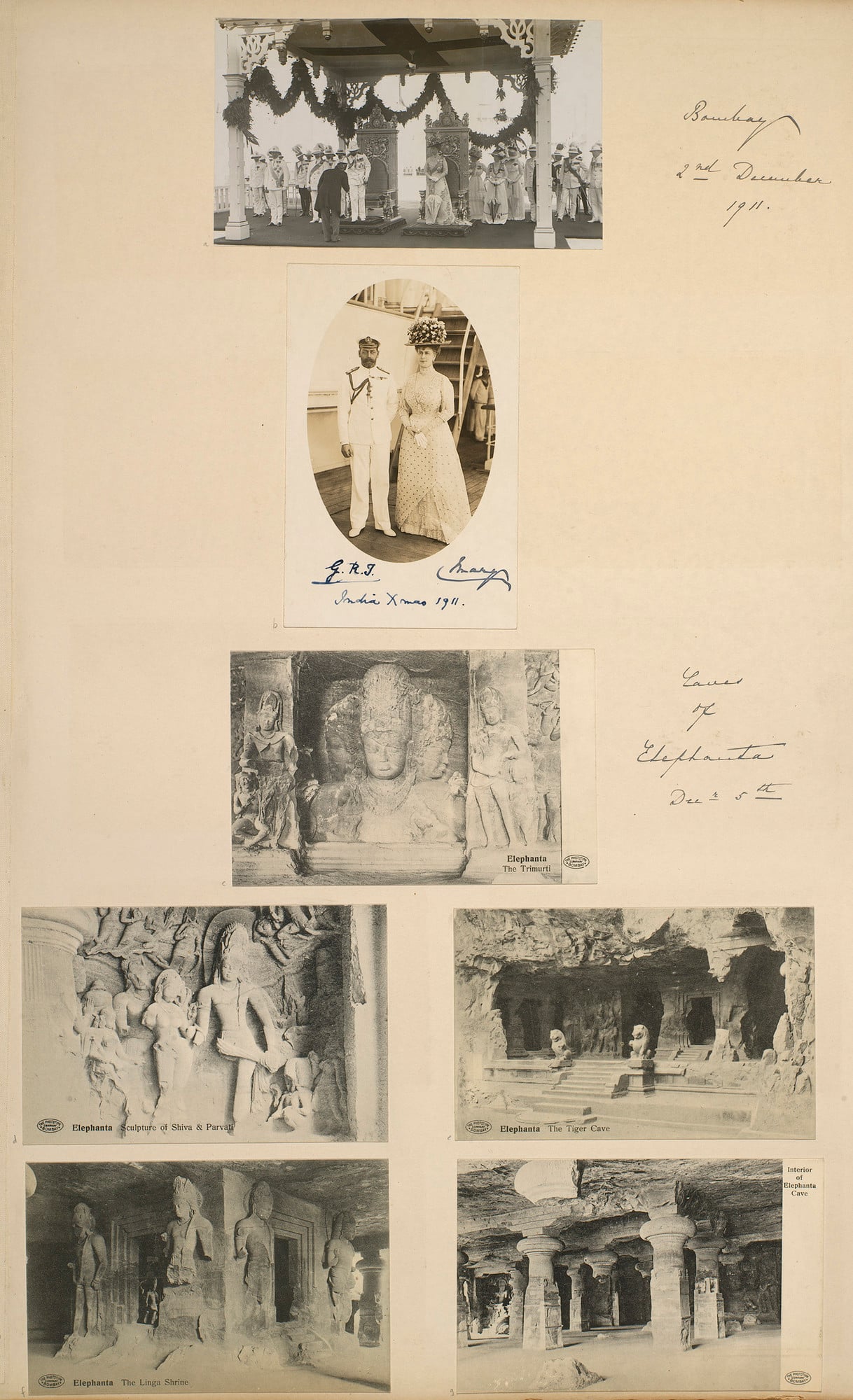 Page with two photographs and five postcards of the&nbsp;Elephanta Caves in&nbsp;Bombay (now Mumbai), featuring the arrival of King George V and Queen Mary in&nbsp;Bombay at the start of the royal visit to India, December 1911.&nbsp;From an album containi