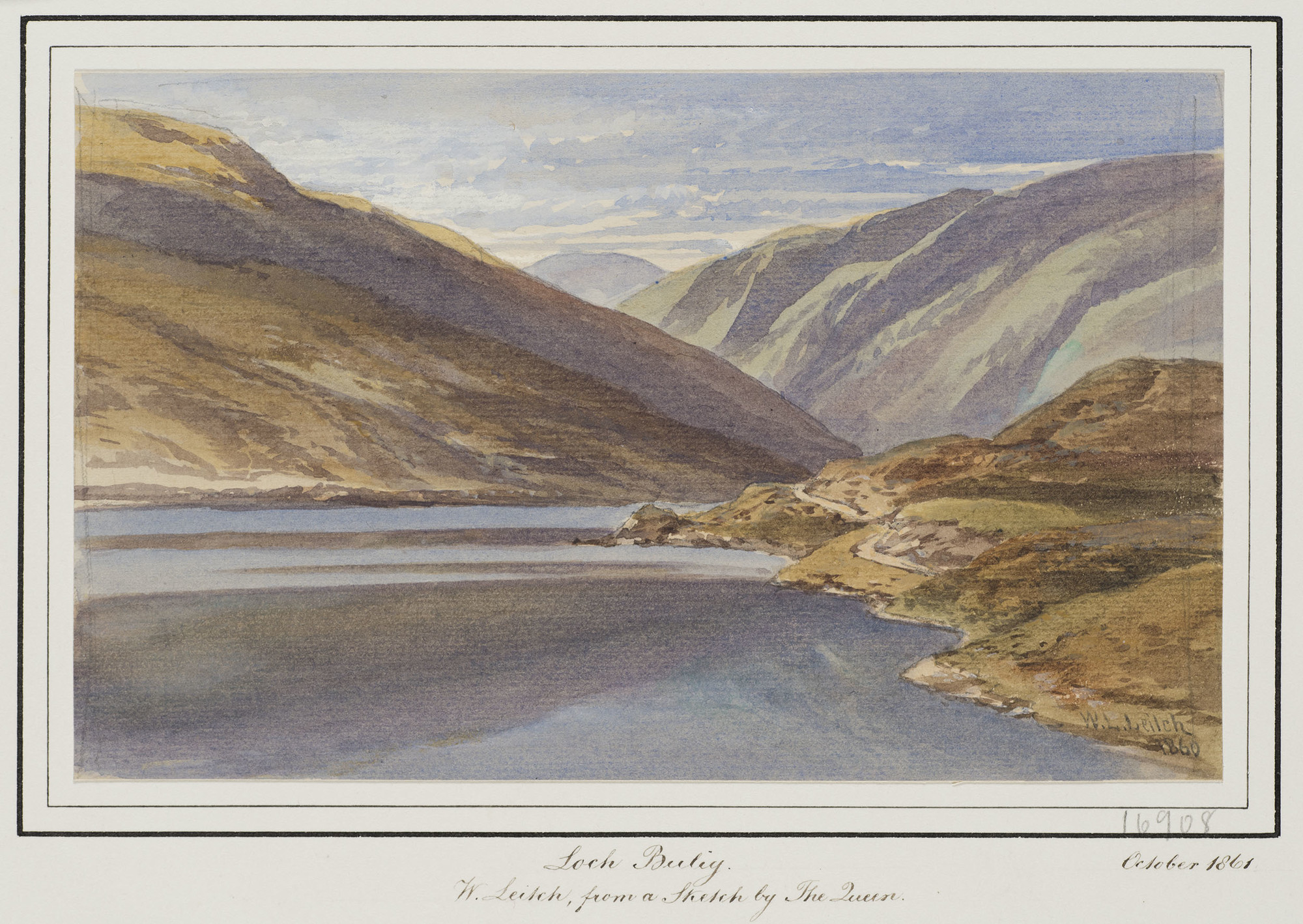 Loch Bulig DM 3532: a view of the loch which the Queen visited on 5 September 1860 on her first 'Great Expedition'. Signed and dated. Inscribed on mount: 'W. Leitch, from a Sketch by The Queen, October 1861'.