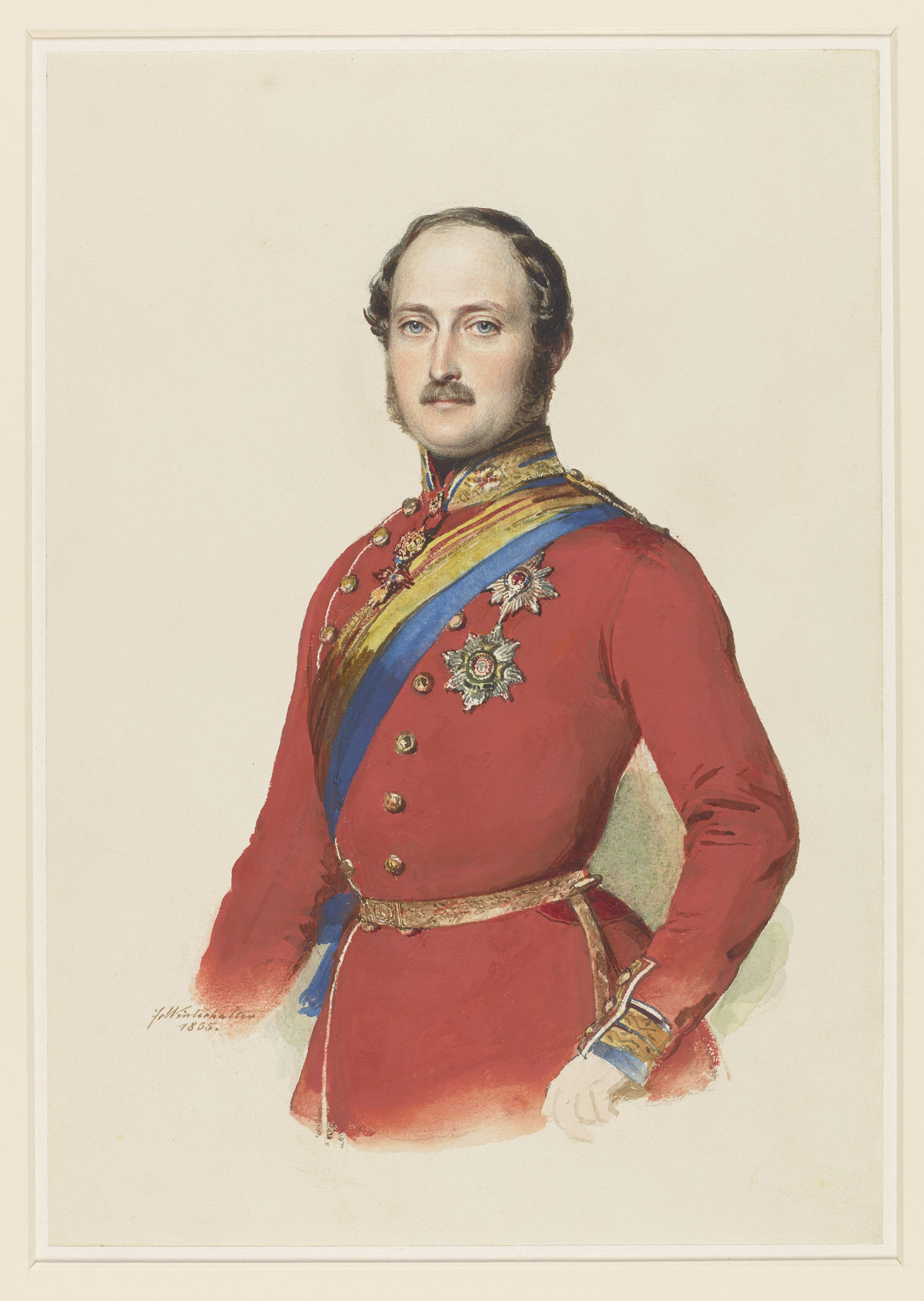 A three-quarter length watercolour portrait of Prince Albert, facing front, wearing the uniform of the Grenadier Guards, the ribbon and star of the Garter, the star of Bath, the badge of Golden Fleece, and the House order of Saxe-Ernst. Signed and dated a