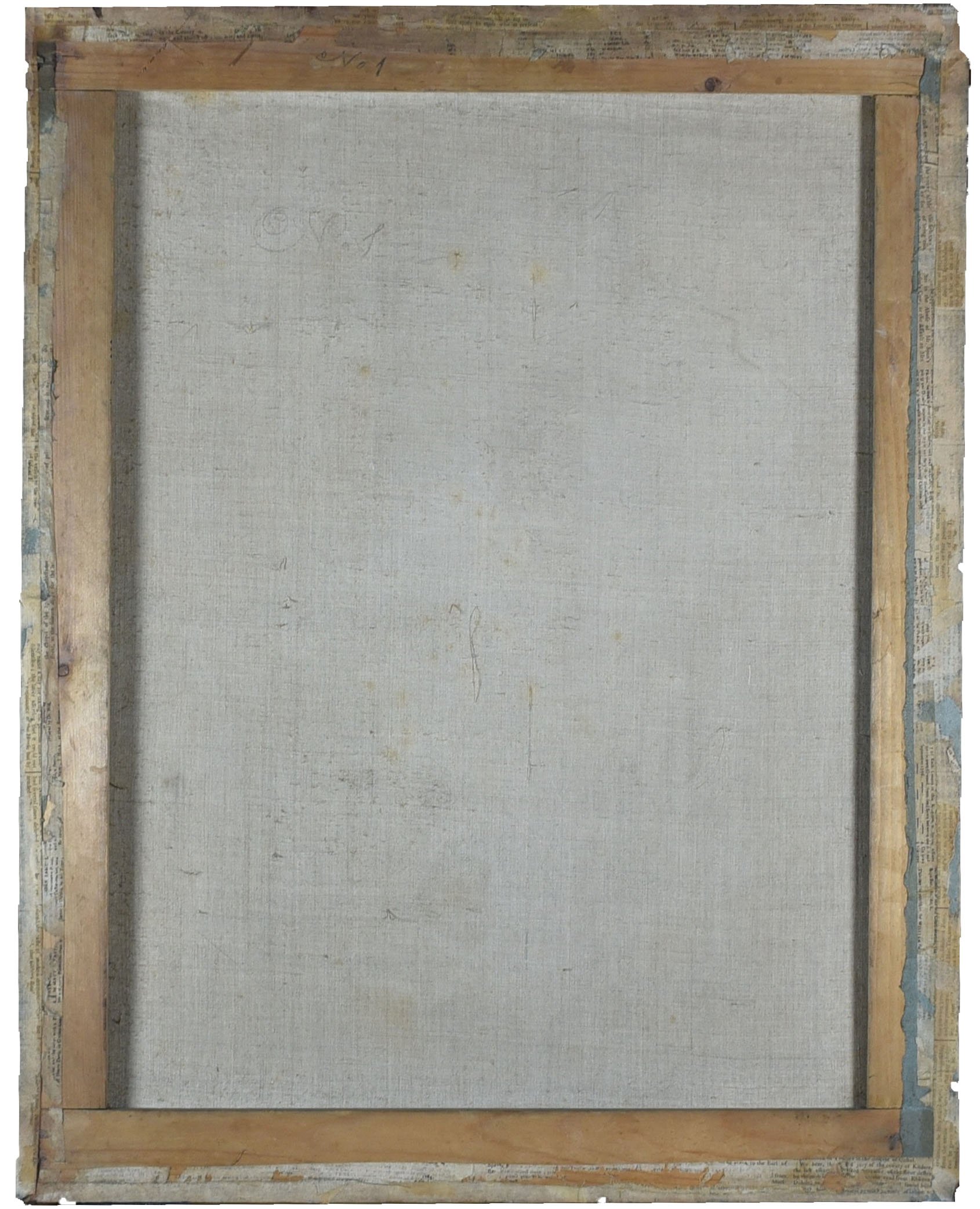 Structure of the pastel format of 'A Personification of Spring' (c. 1730), showing the wooden strainer lined with canvas, and the blue paper adhered over the top. The scraps of newspaper are specific to this pastel, and are later additions.