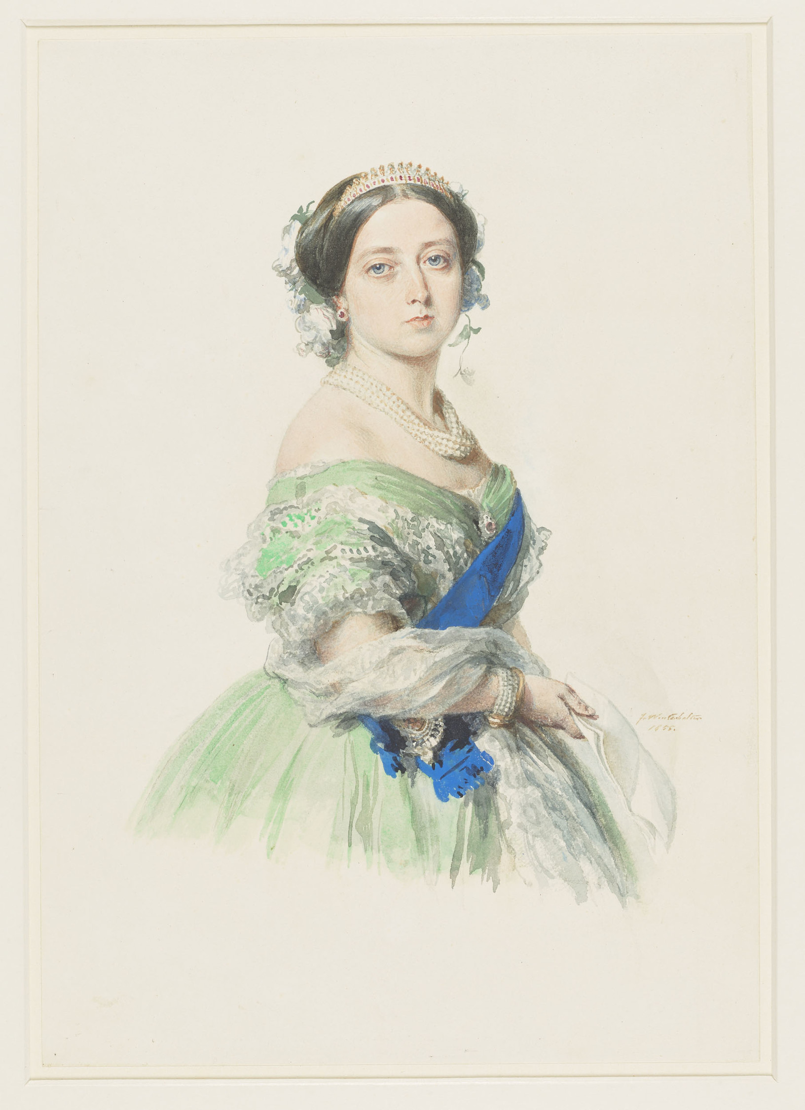 A three-quarter length watercolour portrait of Queen Victoria, facing front, wearing a green dress with the ribbon and star of the Garter, and holding a paper. Signed and dated at bottom right. 
In June 1855 Queen Victoria recorded in her journal giving m