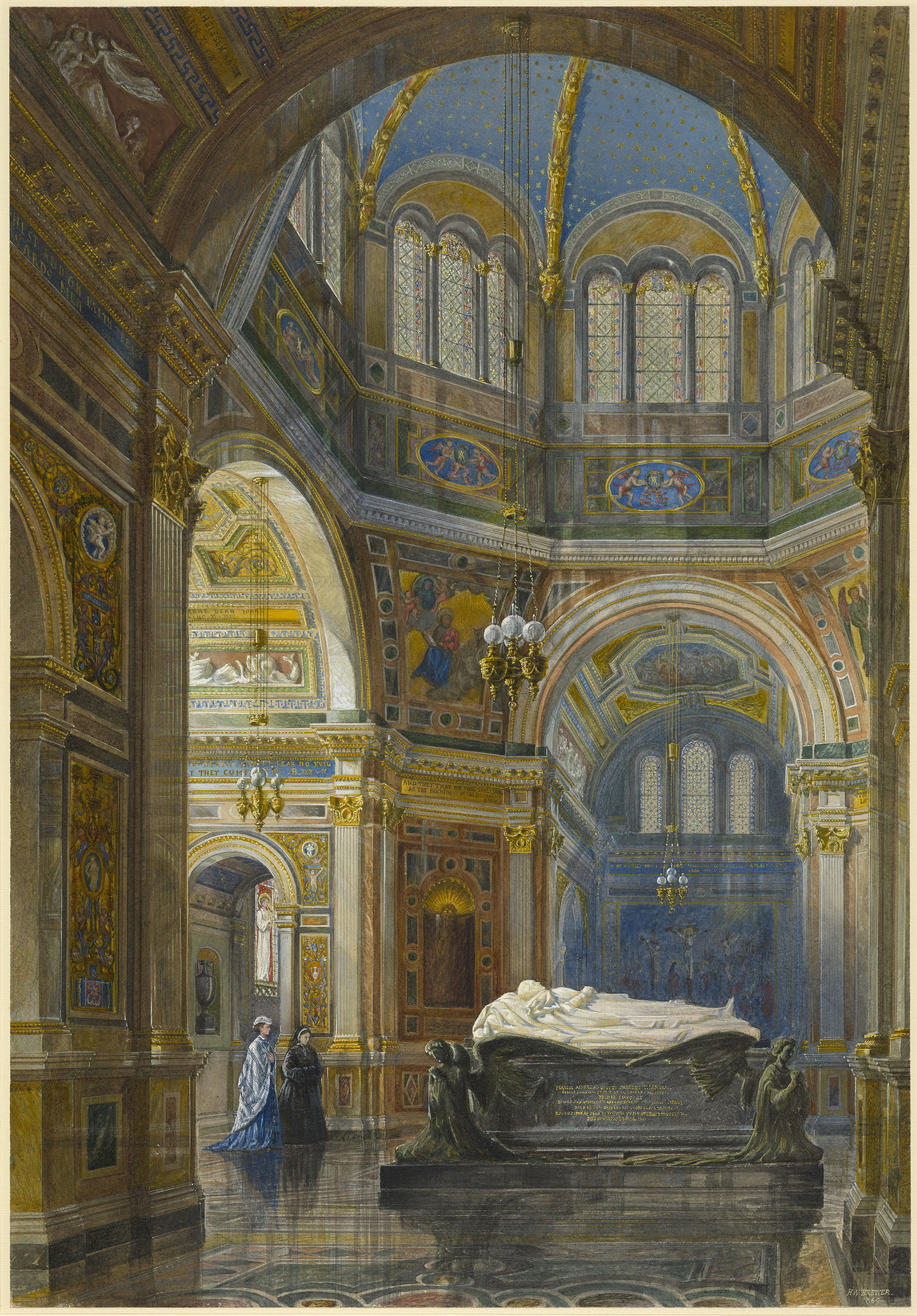 DM 313: View inside the Mausoleum; on the left the Queen with another female figure approaches the sarcophagus from the Chapel of the Altar.  Signed and dated.