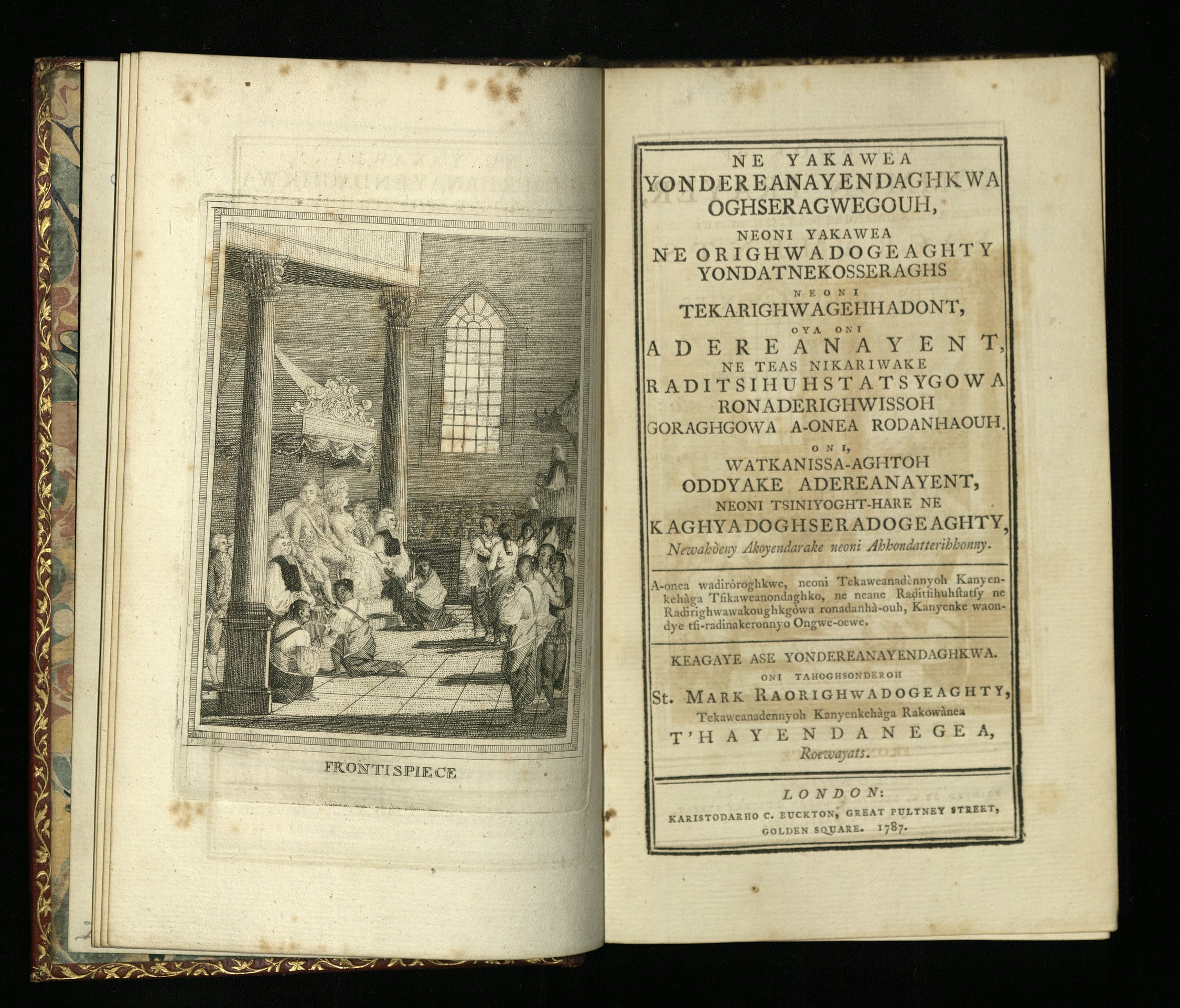 <p>The Book of Common Prayer translated into the Mohawk language</p> Like many tribes bordering the British colonies in North America, from the seventeenth century, Kanien'keha:ka or Mohawk People had been converted to Christianity by English missionaries. Books such as this were a way to allow people to practice