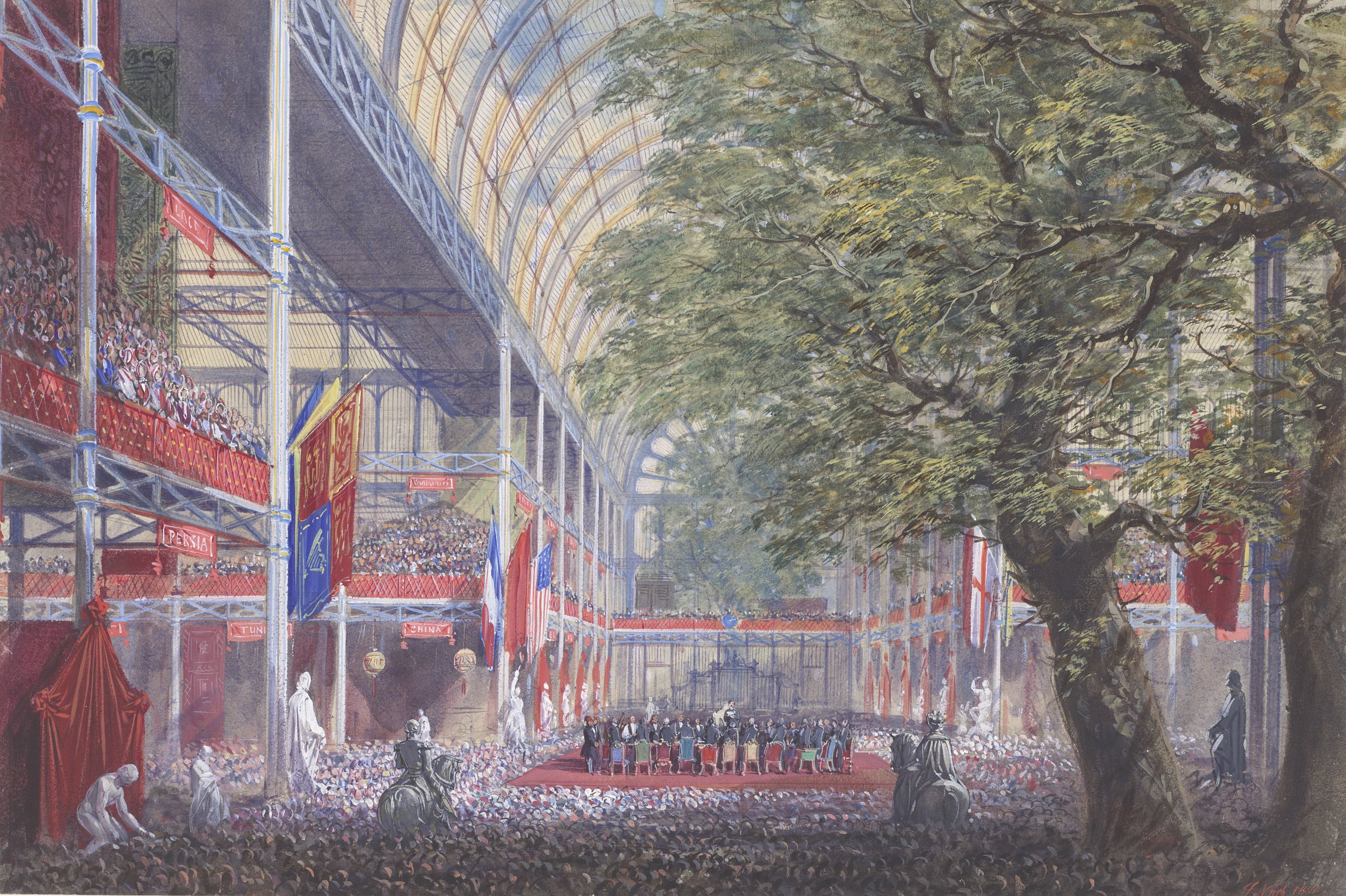 A watercolour of the interior of the Crystal Palace, showing a crowded scene at the crossing, as Prince Albert gives his closing speech. Signed and dated at bottom right: J Nash 1852. On the verso, a map of an unidentified town, on which is marked 'gramma