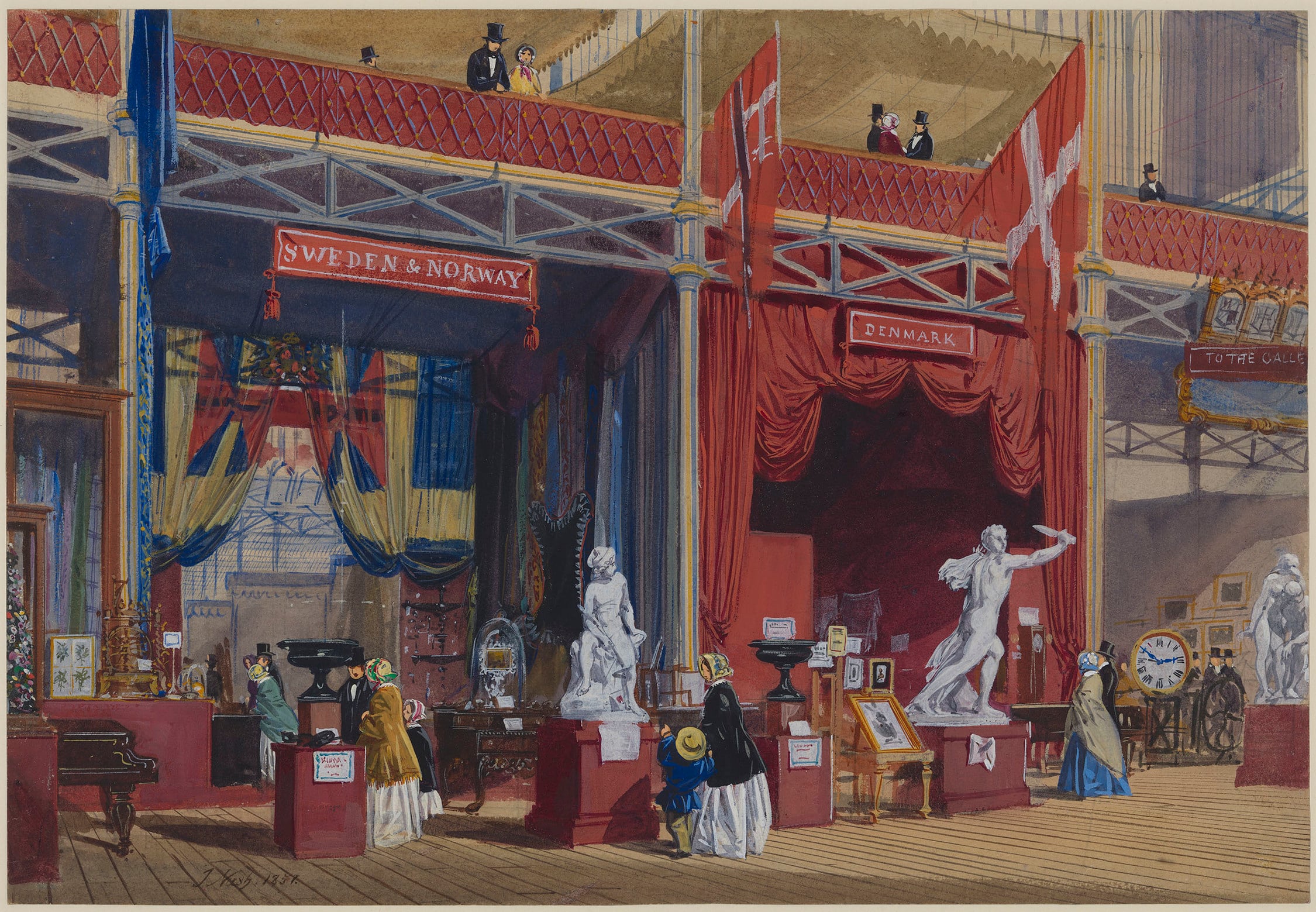 A watercolour view of&nbsp;the Swedish section at the Great Exhibition; with sculpture including a shepherd by Molin, whilst other exhibits include Danish jewellery, porphyry vases and needlework. Signed and dated at bottom left: JNash 1851.
In his capaci