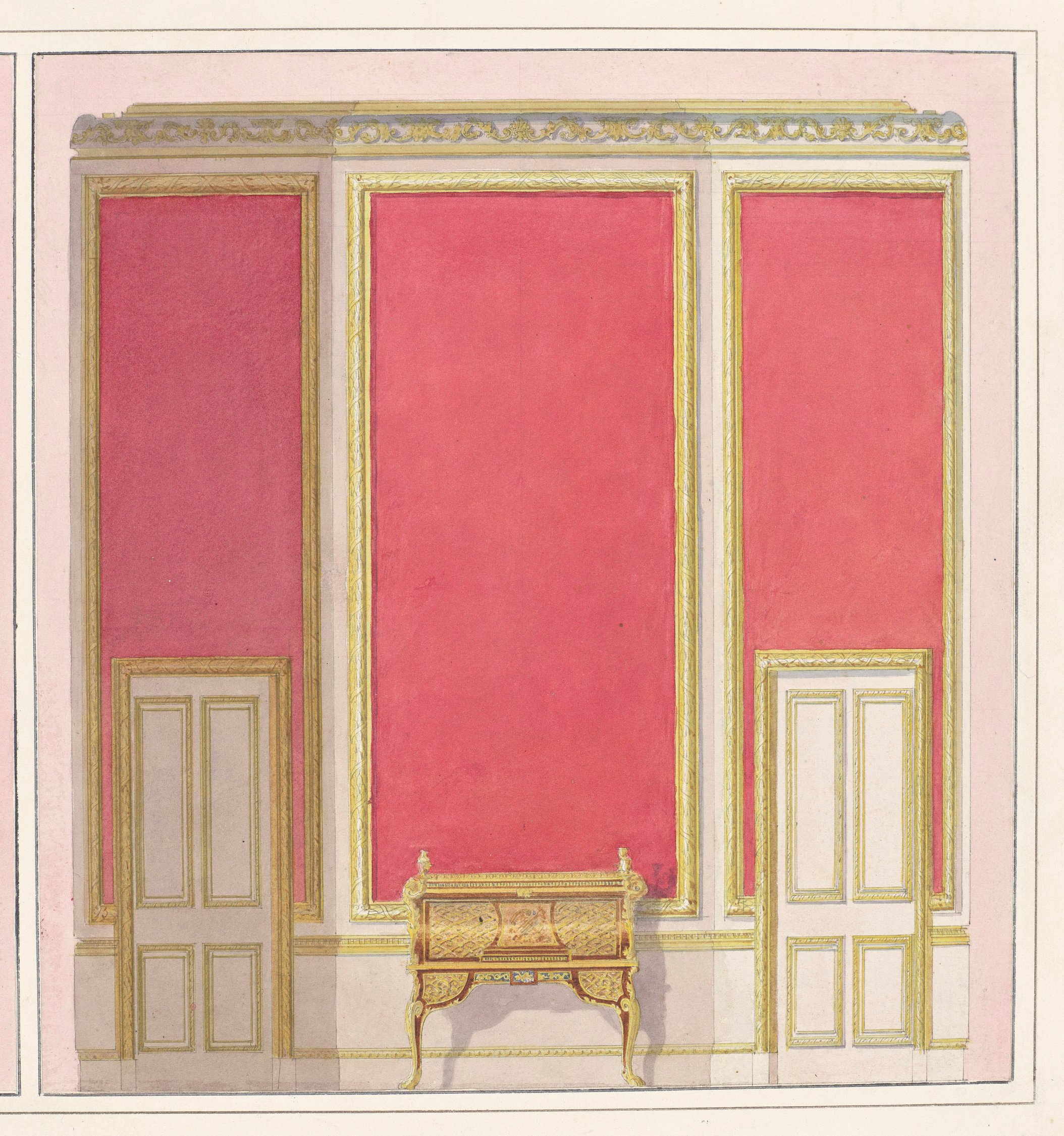A design for the elevation of the north wall, the panelled walls decorated in crimson and framed with a gold moulding, a Louis XVI bureau &agrave; cylindre in centre. Numbered "14" on mount. Sotheby's lot 171. On shared mount sheet with RCIN 918382.