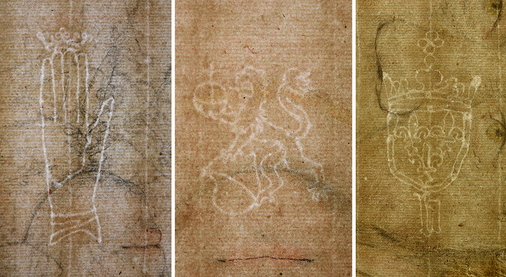 Details in transmitted light showing the watermarks of 3 drawings (RCINs 912189, 912252 and 912272). Close up details of 3 watermarks.They are a hand, a lion, and a heraldic shield.