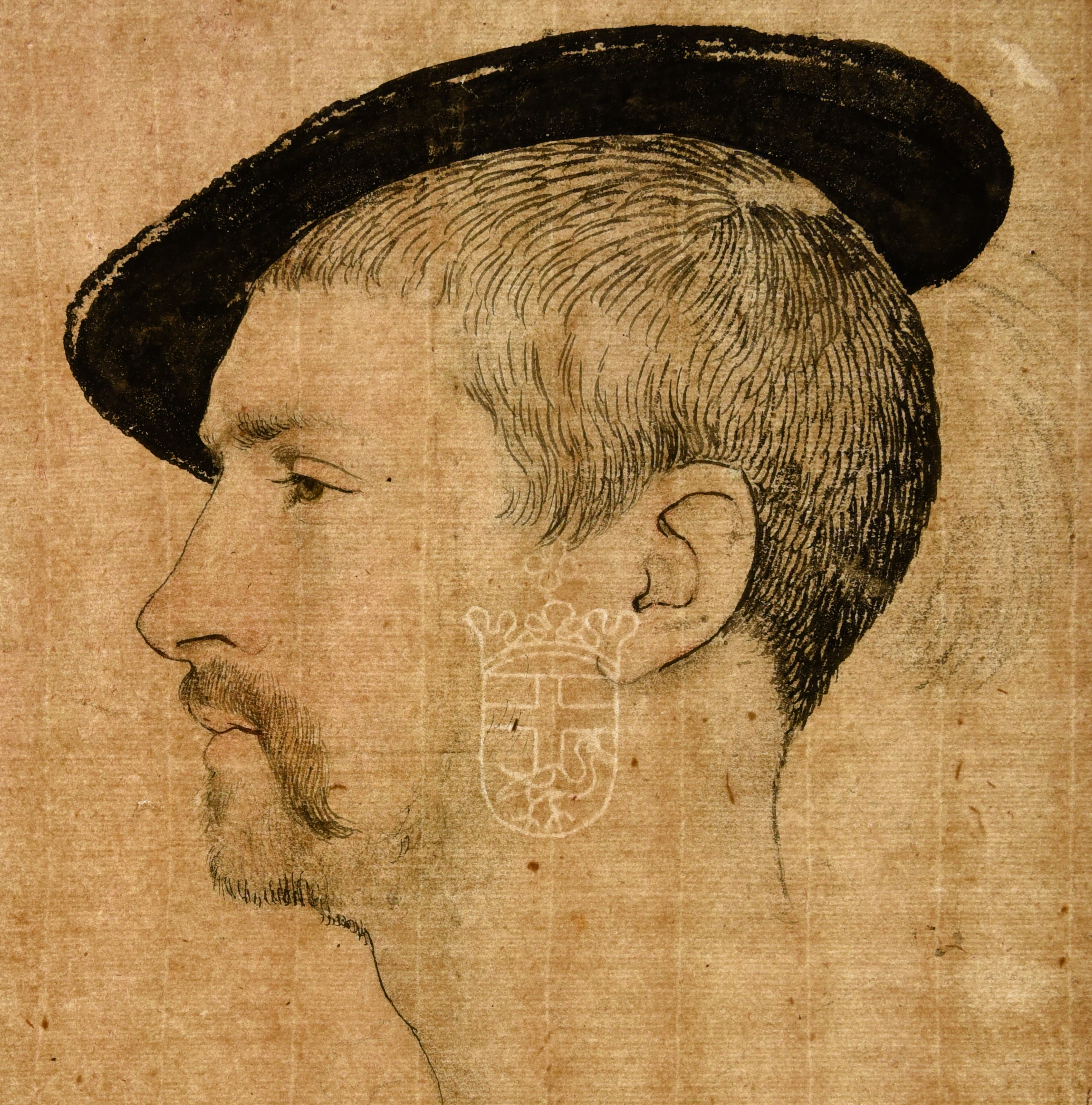 Drawing in transmitted light. Shining light through the sheet reveals a watermark in the centre (RCIN 912208) A drawing of a man's face in side profile.
