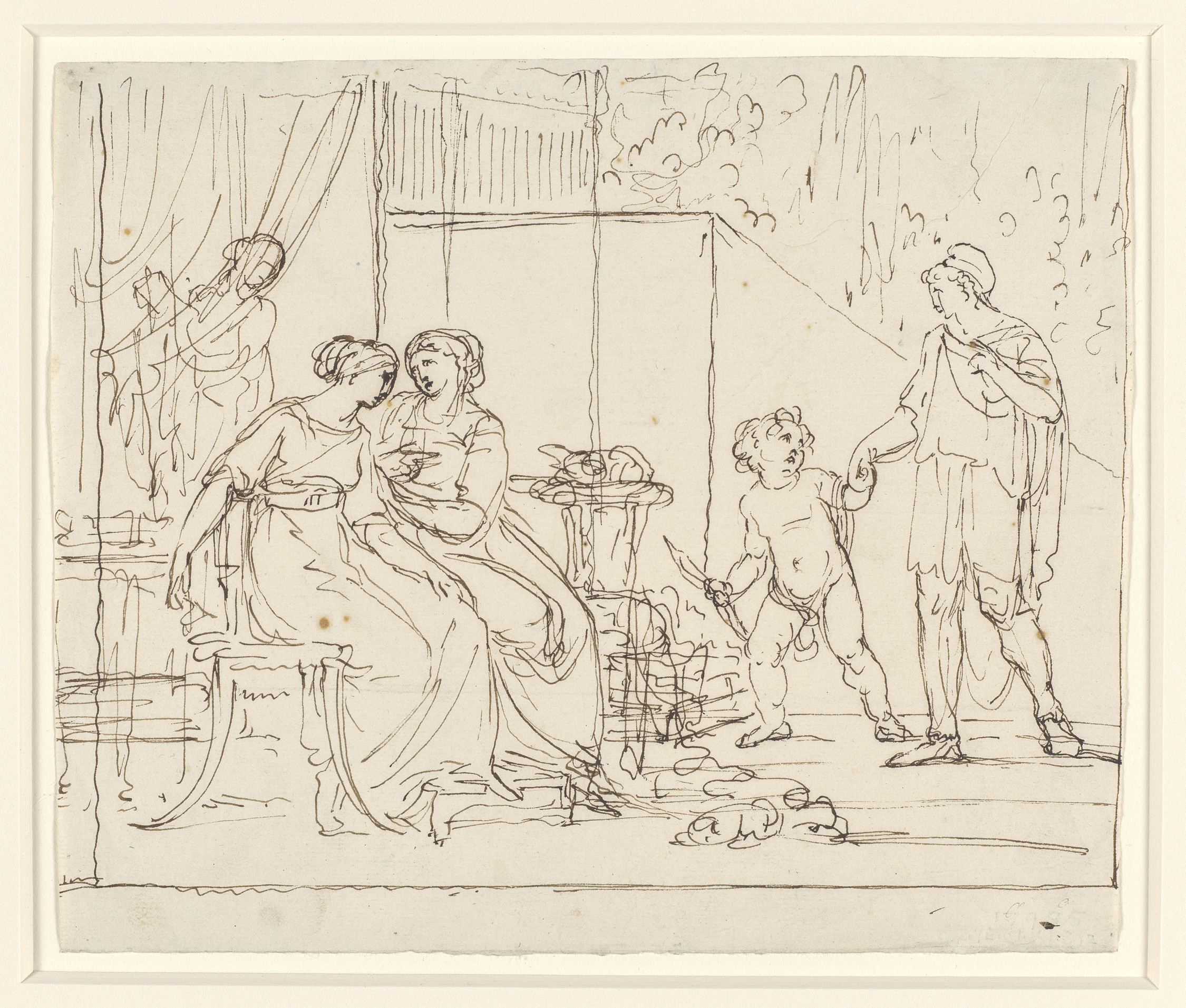 A pen and ink drawing of&nbsp;Helen and Venus&nbsp;in classical dress seated in a tent; Cupid with his bow leads&nbsp;Paris towards them. The scene outlined with a pen line cutting off part of the composition to the left. Two numbers [indistinct] at lower