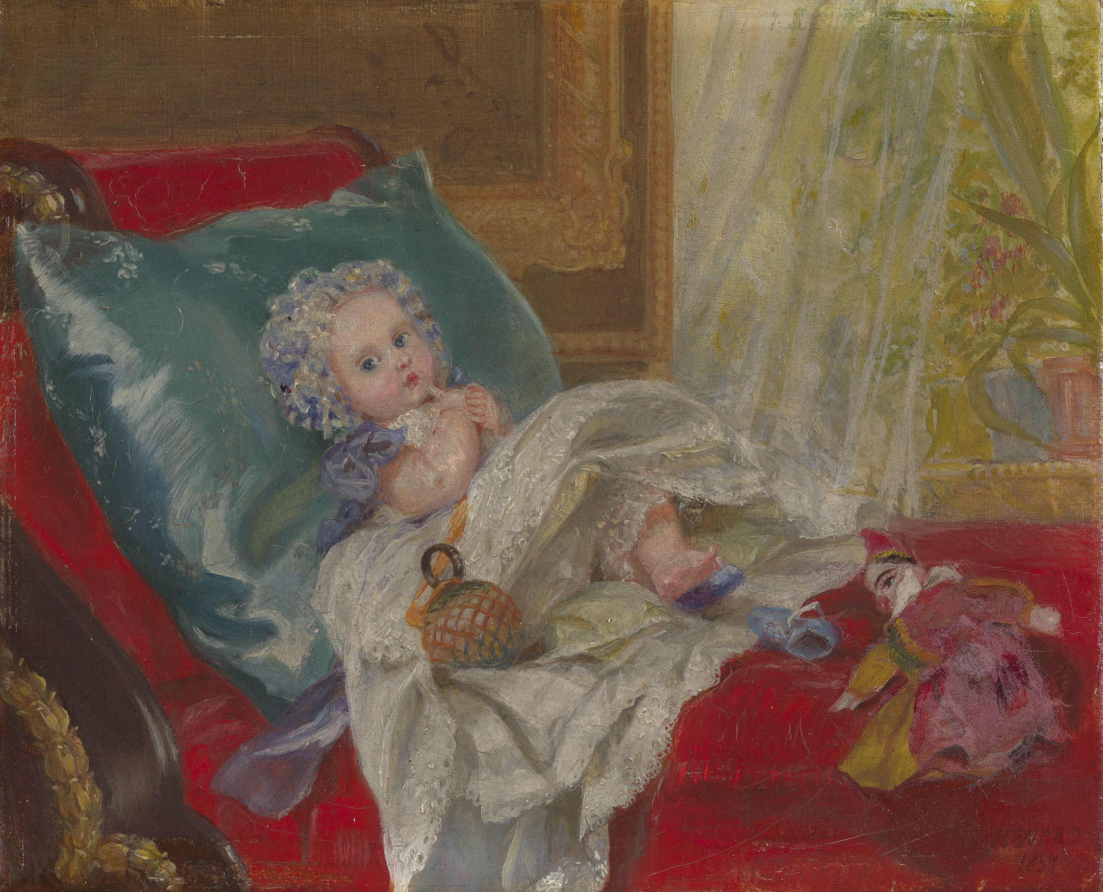 Queen Victoria visited the Ward's house, Upton Park, near Slough, in October 1857, and liked Henrietta Ward's sketches of her own children so much that she requested 'a similar small sketch of our little baby'. Princess Beatrice (1857-1944) was the fifth 