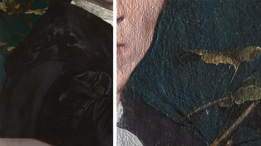 Left: Detail of the black sleeve and fur Right: The two thick layers of azurite Left: Detail of the black sleeve and fur Right: The two thick layers of azurite
