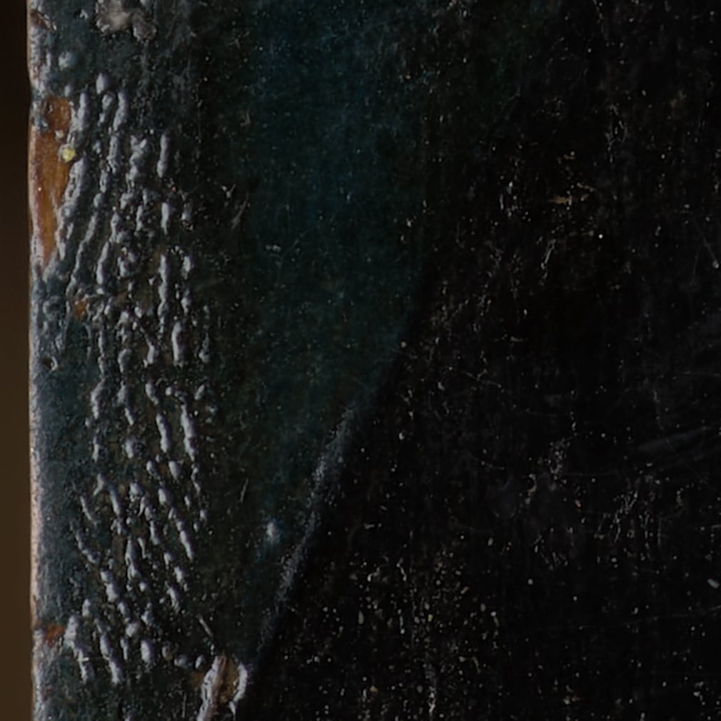 Imprint of a thumb – probably Holbein’s – at the left edge of the panel. Close up of a painting with a thumb print in the paint.