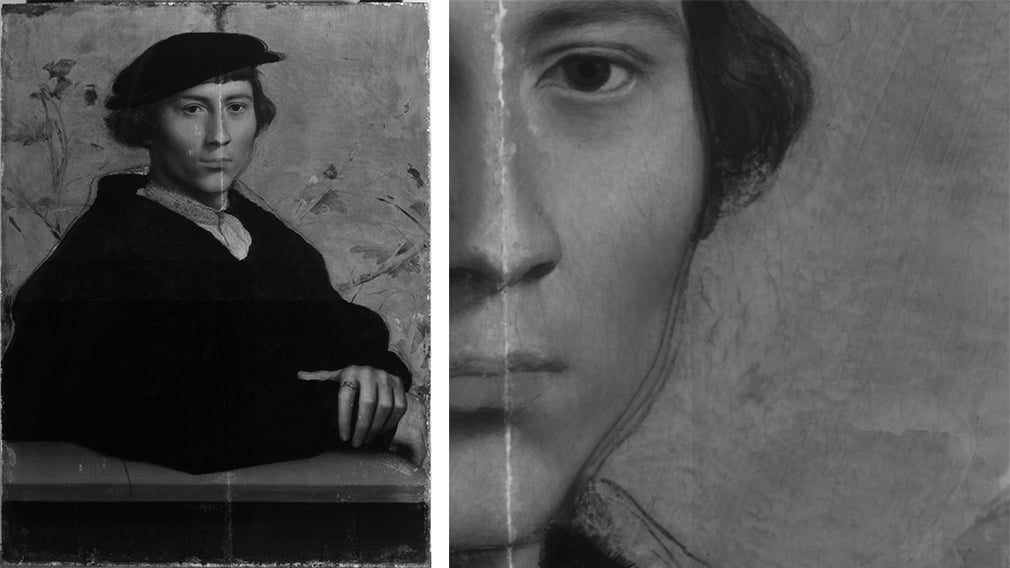 Infrared images of Derich Born (RCIN 405681) Black and white infrared images of a Tudor man wearing a black hat. Close up of the face shows variety of lines around the jawline.