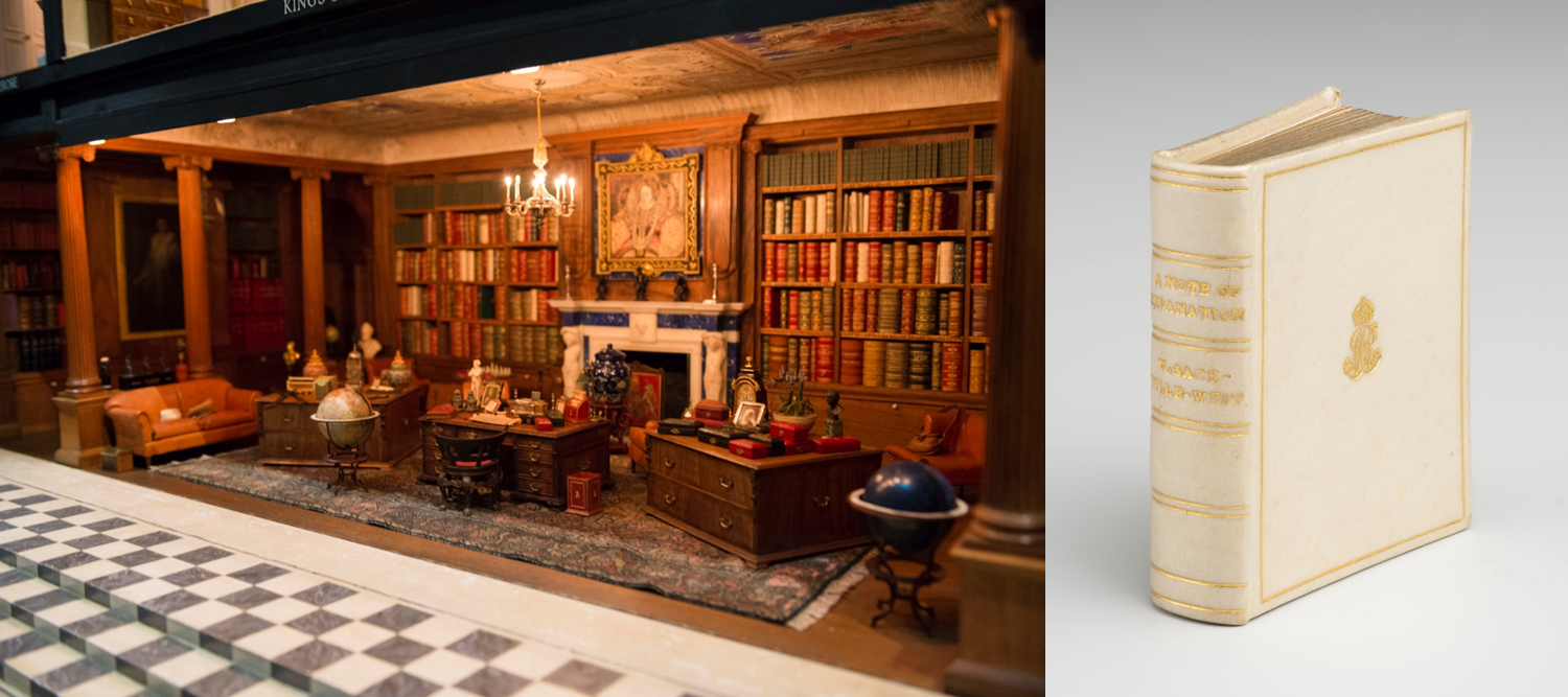 (left) View of the library within Queen Mary's Dolls' House, (right) Close up of the Dolls' House book 'A Note of Explanation' by Vita Sackville West.