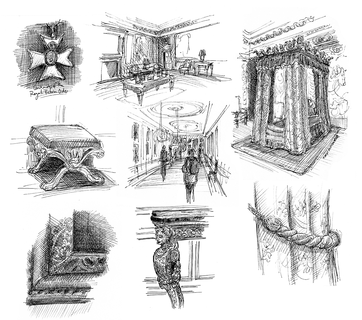 sketched of interiors and objects of the Palace of Holyroodhouse