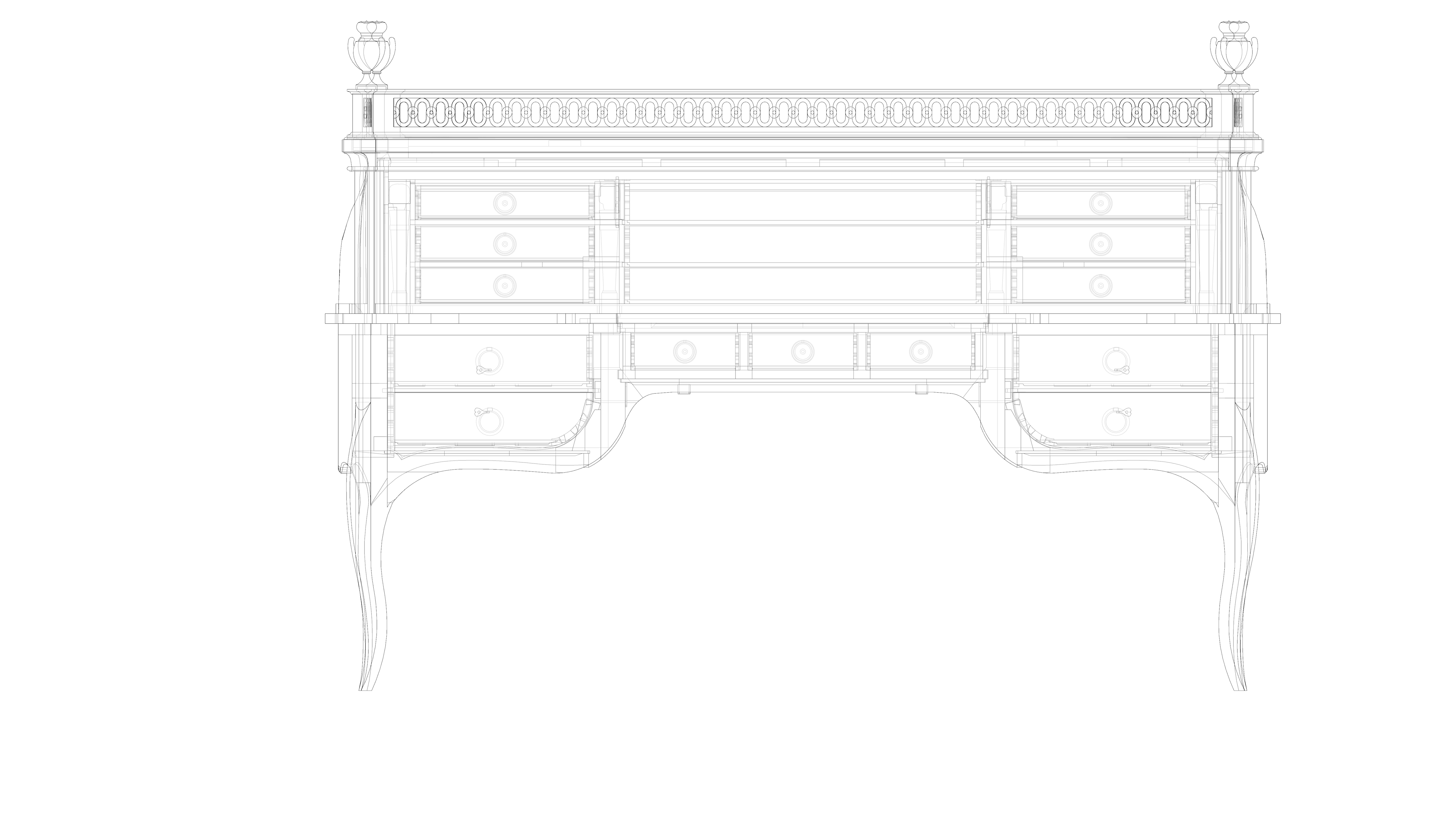 isometric drawing of back of roll-top desk