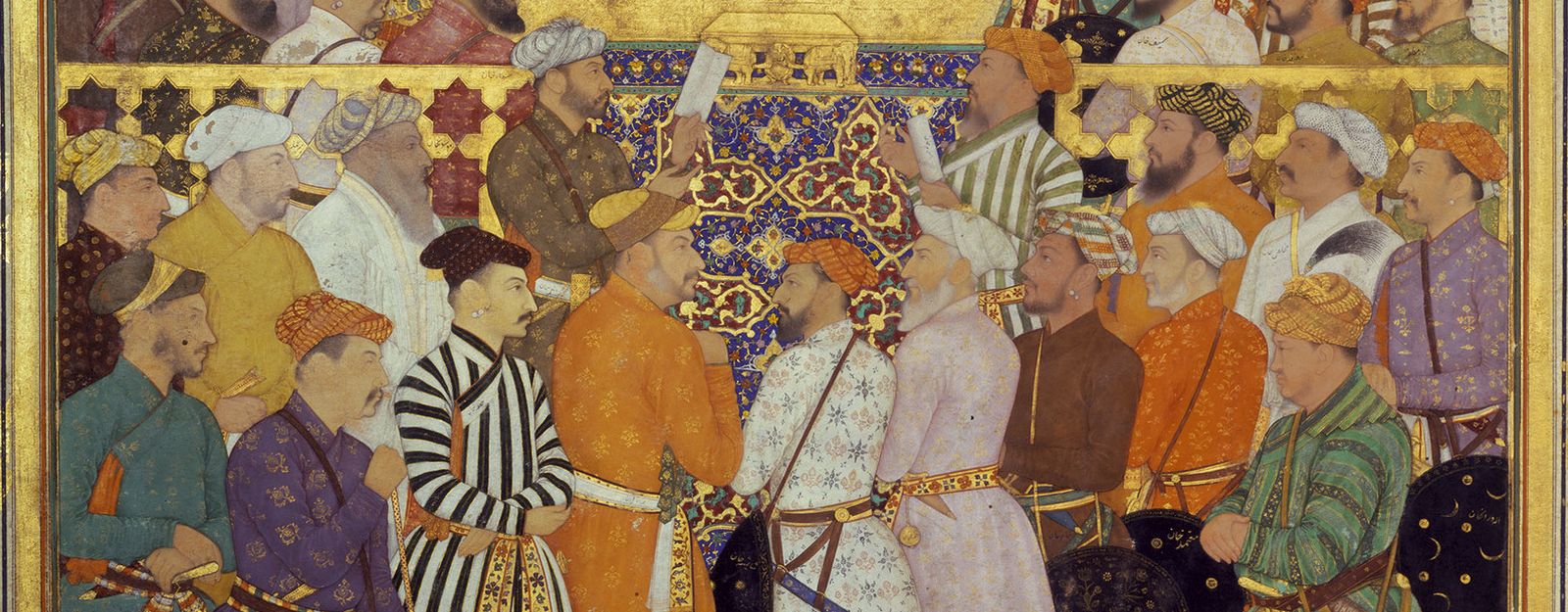 Image from 'Book of Emperors' showing group of men in brightly coloured robes.
