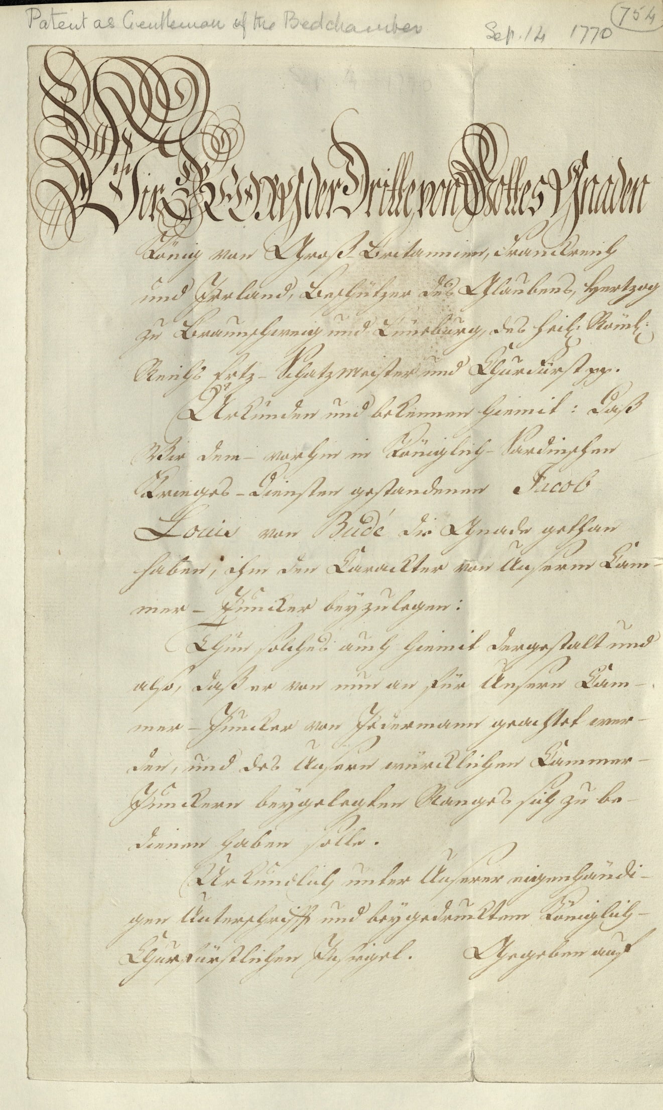 Patent for General Jacob de Budé as Gentleman of the Bedchamber, 1770, GEO/ADD/15/0754 Manuscript pattent relating to General Jacob de Budé